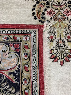 26779323f - 1 pair of Qum silk old, Persia, mid-20th century, pure natural silk, approx. 155 x 108 cm, discolored, condition: 2 (water damage). Rugs, Carpets & Flatweaves
