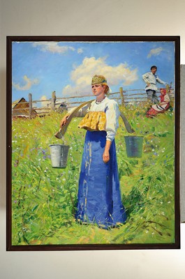 26779347k - Nikolaj Nikolajewicz Solomin, born 1940, ruralscene, oil/canvas, on the back sign. and dated1993, oil/canvas, approx. 100x80cm, frame