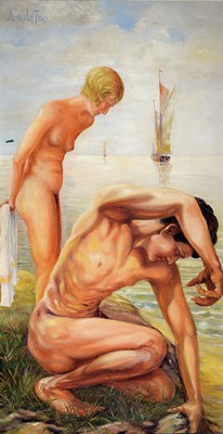 Image 26779377 - Arthur Alfred Thieleke, 1887-1960, two nudes on the beach, oil/canvas, upper left sign., approx. 124x85cm
