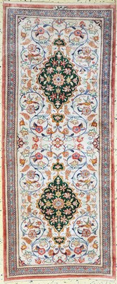 Image 26779378 - Qum silk finely signed, Persia, end of 20th century, pure natural silk, approx. 154 x 65 cm, approx. 1.0 million kn/sm, slightly discolored, condition: 2. Rugs, Carpets & Flatweaves