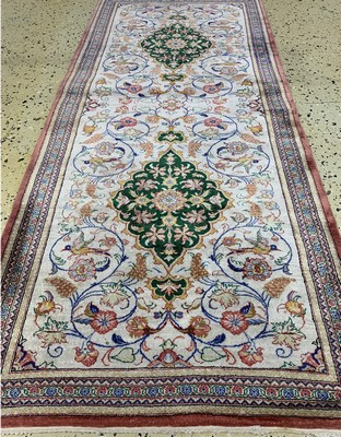 26779378c - Qum silk finely signed, Persia, end of 20th century, pure natural silk, approx. 154 x 65 cm, approx. 1.0 million kn/sm, slightly discolored, condition: 2. Rugs, Carpets & Flatweaves