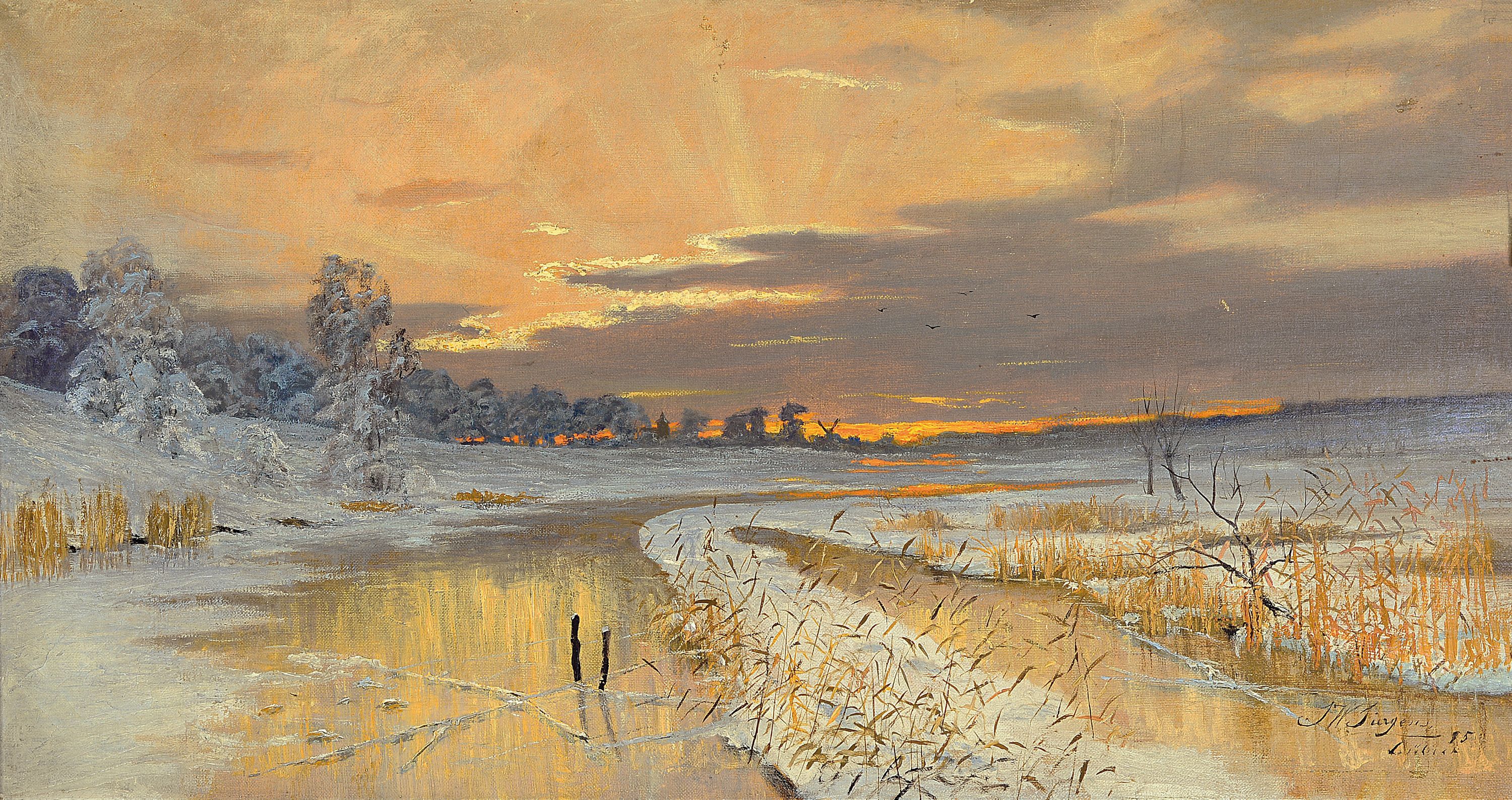 Johann Wilhelm Jürgens, 1845-1906, Abendrot über holländischer Uferlandschaft, Öl/Lwd, rechts unten signiert J.W. Jürgens 95 Lübeck, ca. ...