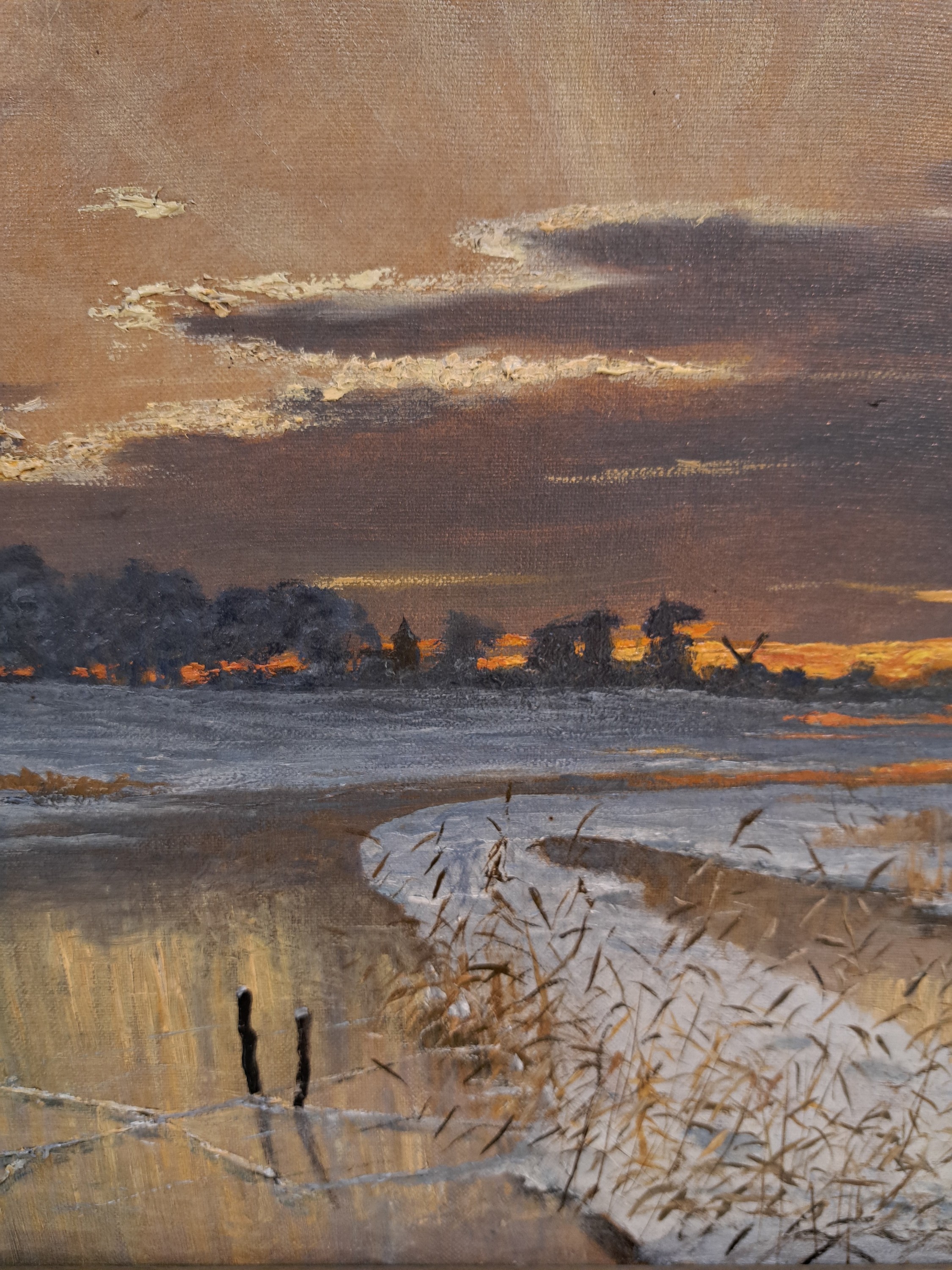 Detail b: Johann Wilhelm Jürgens, 1845-1906, Abendrot über holländischer Uferlandschaft, Öl/Lwd, rechts unten signiert J.W. Jürgens 95 Lübeck, ca. ...