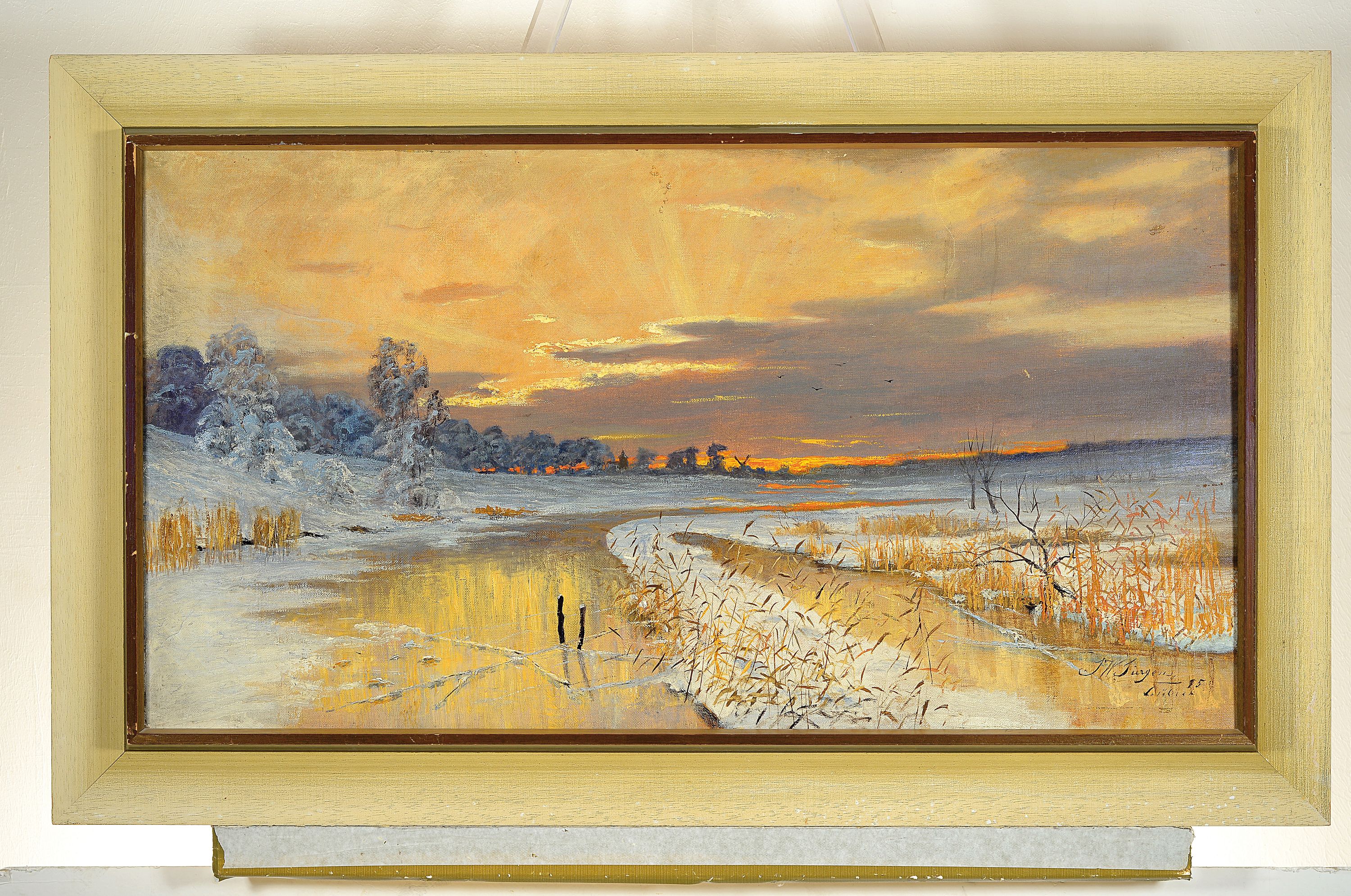 Detail k: Johann Wilhelm Jürgens, 1845-1906, Abendrot über holländischer Uferlandschaft, Öl/Lwd, rechts unten signiert J.W. Jürgens 95 Lübeck, ca. ...