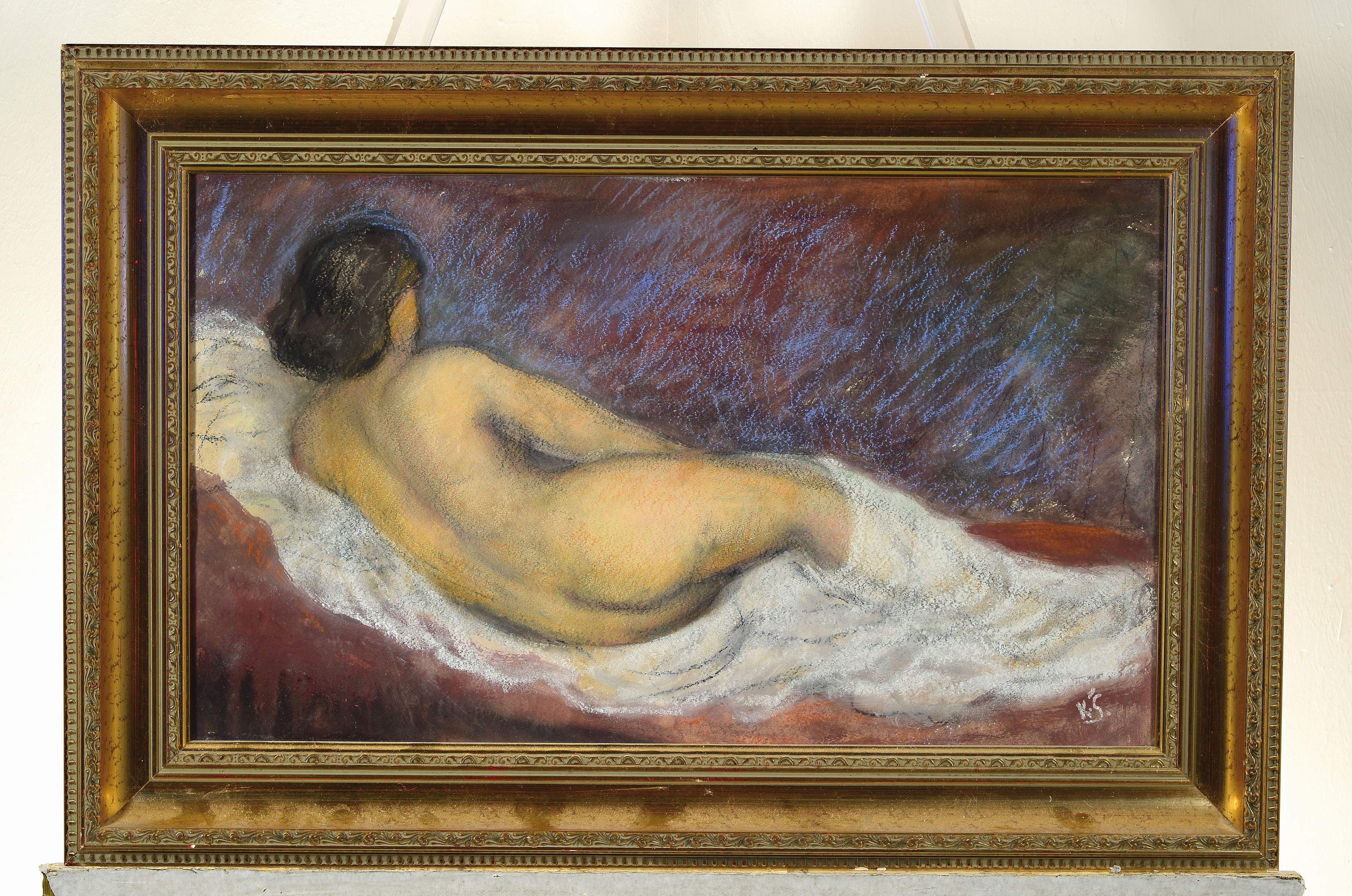 Detail k: Zuschreibung: Karel Spillar, 1871 Pilsen-1939 Prag, Pastellzeichnung, liegender weiblicher Rückenakt mit weißem Tuch, rechts unten monogrammiert ...