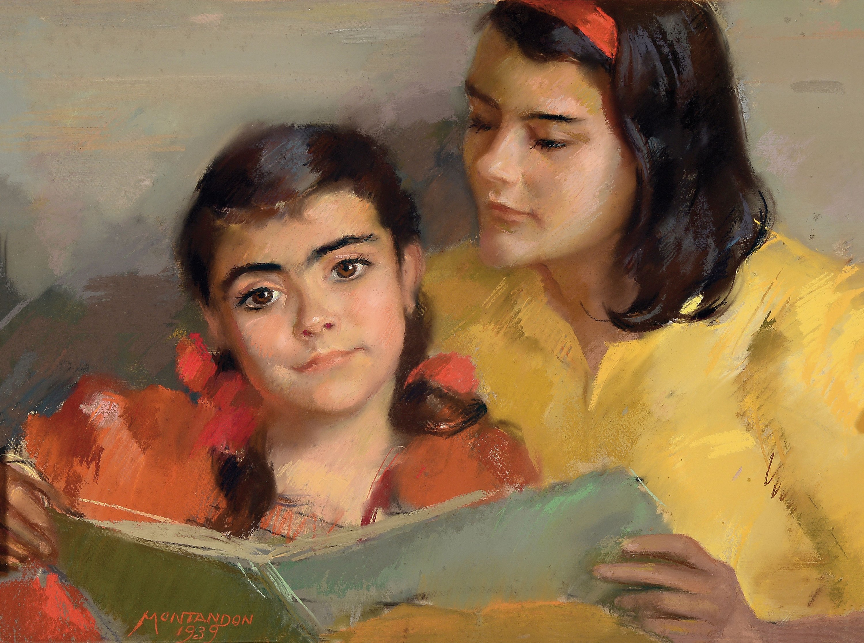 Grete Kmentt-Montandon, 1893-1982, Geschwister beim Lesen eines Buches, Gouache auf Papier, links unten signiert und dat. 1939, ca. 50x68cm, u.Gl., ...