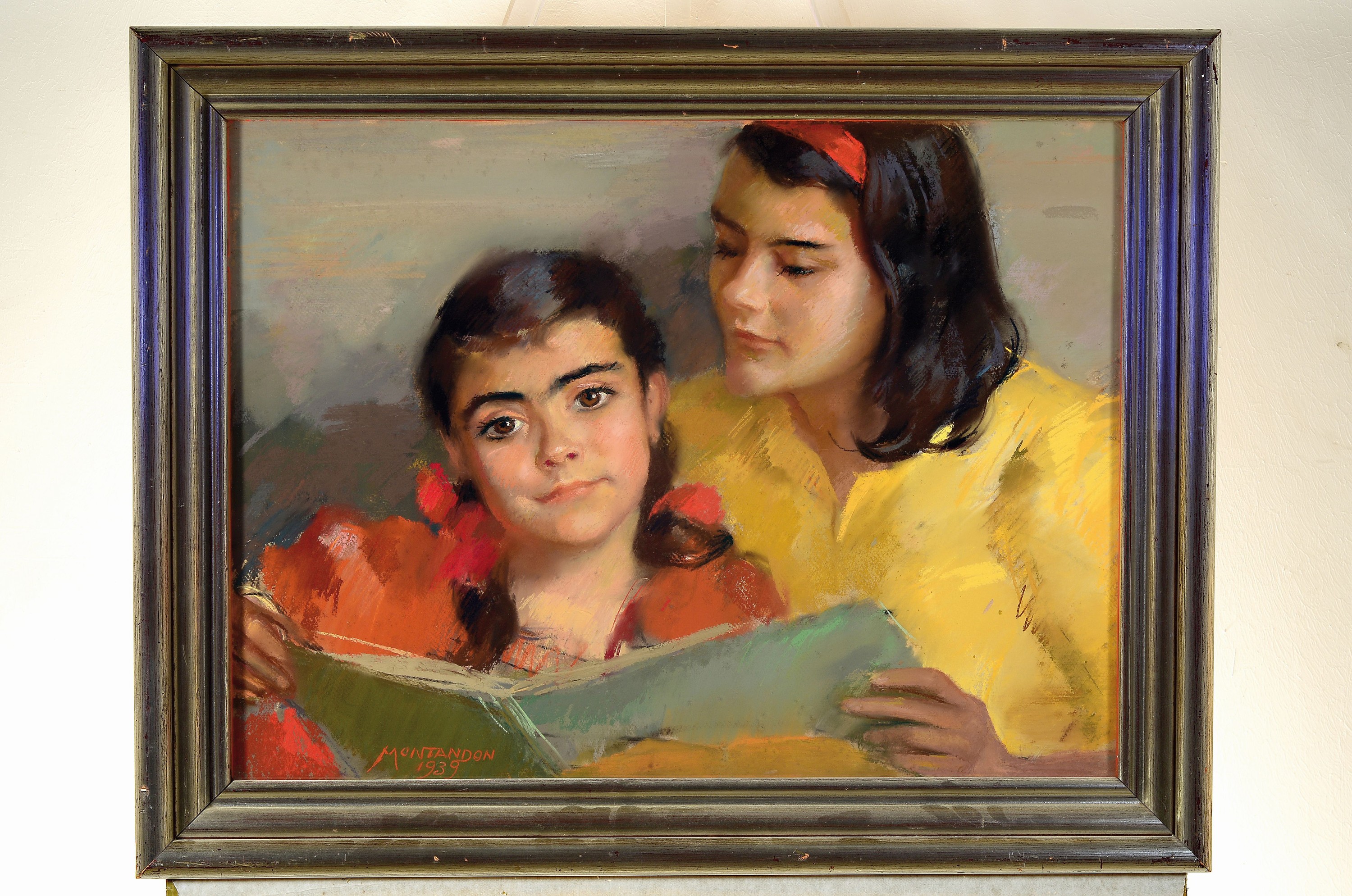 Detail k: Grete Kmentt-Montandon, 1893-1982, Geschwister beim Lesen eines Buches, Gouache auf Papier, links unten signiert und dat. 1939, ca. 50x68cm, u.Gl., ...