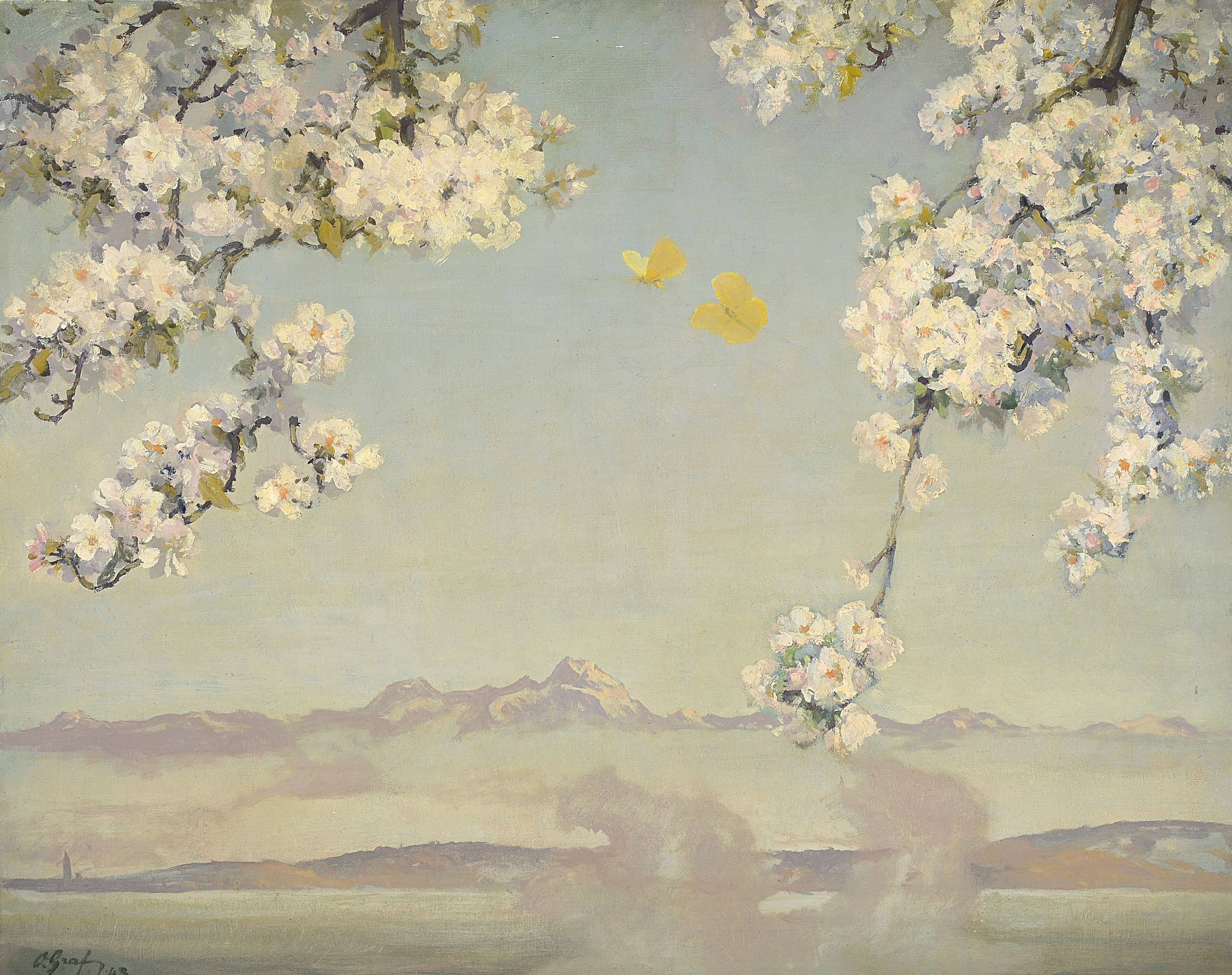 Oskar Graf, 1873 Freiburg im Breisgau-1958 Boll, diesige Landschaft mit Blick auf die Alpen, im Vordergrund Kirschblütenzweige, Öl/Lwd, li. u. ...