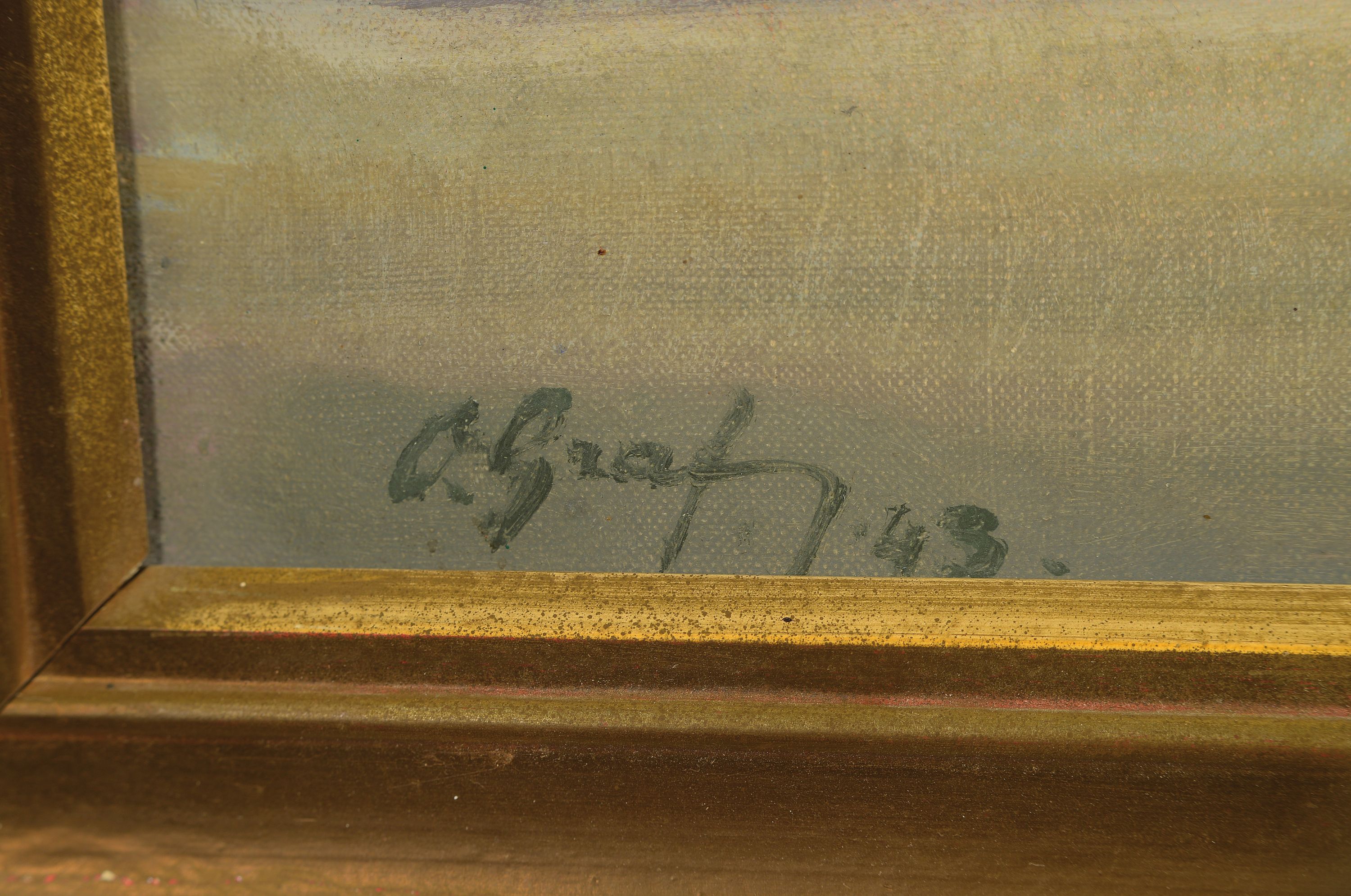 Detail a: Oskar Graf, 1873 Freiburg im Breisgau-1958 Boll, diesige Landschaft mit Blick auf die Alpen, im Vordergrund Kirschblütenzweige, Öl/Lwd, li. u. ...