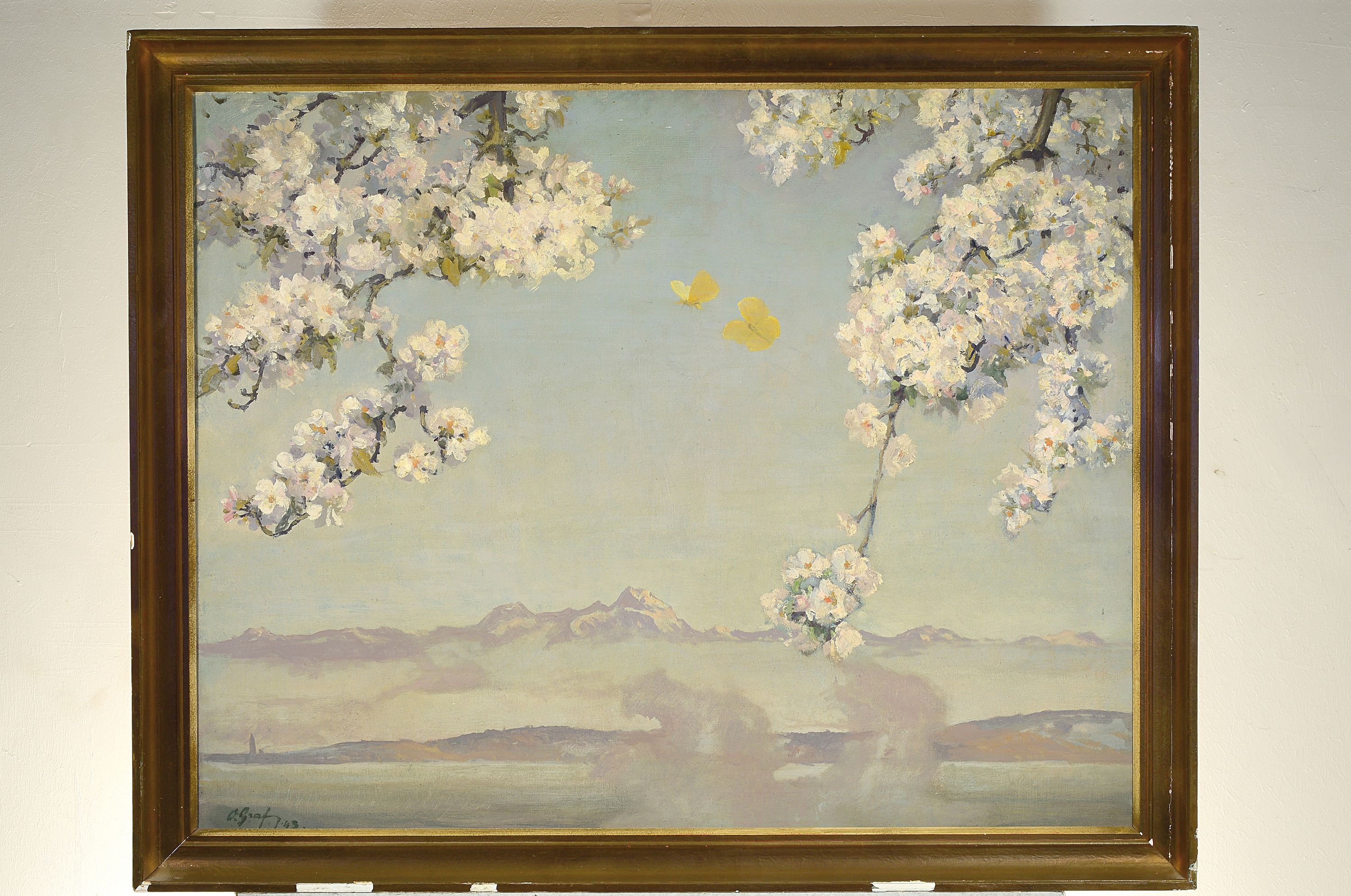 Detail k: Oskar Graf, 1873 Freiburg im Breisgau-1958 Boll, diesige Landschaft mit Blick auf die Alpen, im Vordergrund Kirschblütenzweige, Öl/Lwd, li. u. ...
