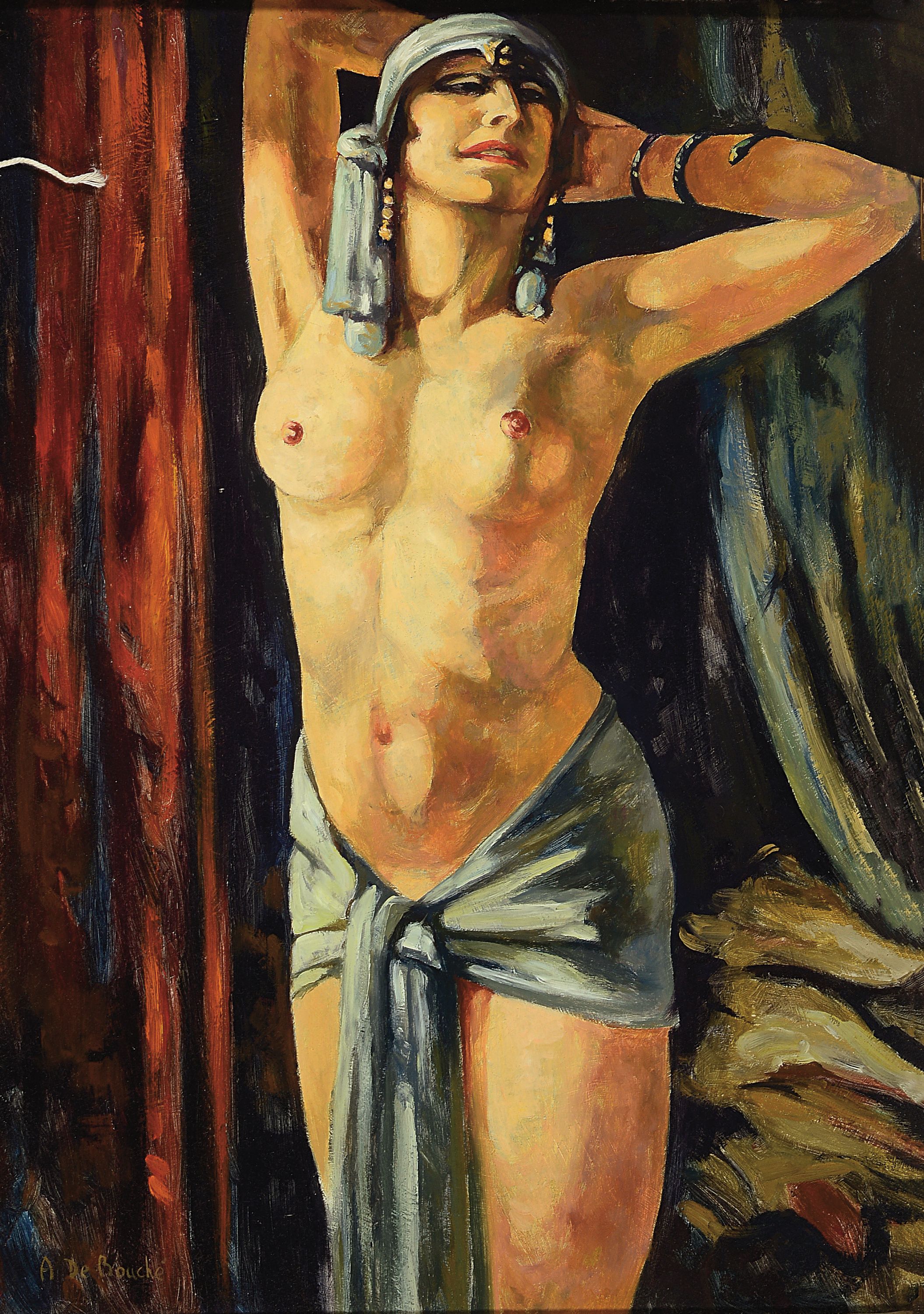 Arnulf de Bouche, 1872 - 1945, "Odaliske", Öl/Lwd, signiert, verso, bezeichnet, ca. 65.4 x 47 cm, Rahmen ca. 77 x 60 cm