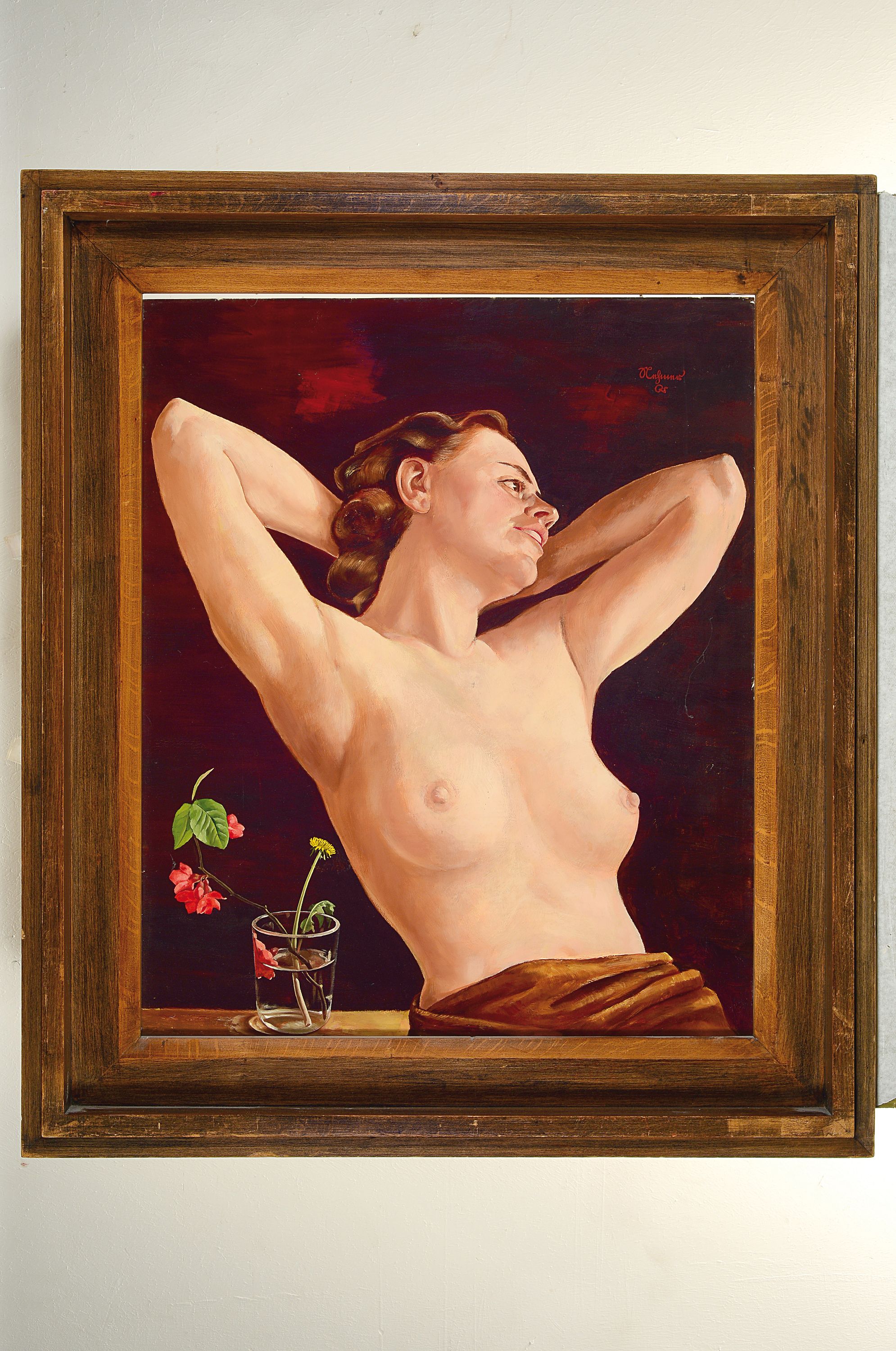 Detail k: Rudolf Nehmer, Bobersberg 1912 - 1983 Dresden, Frauenakt mit Blumen, Öl/Platte, re. oben signiert, verso bezeichnet auf Rahmen " Studie, 1940, ...