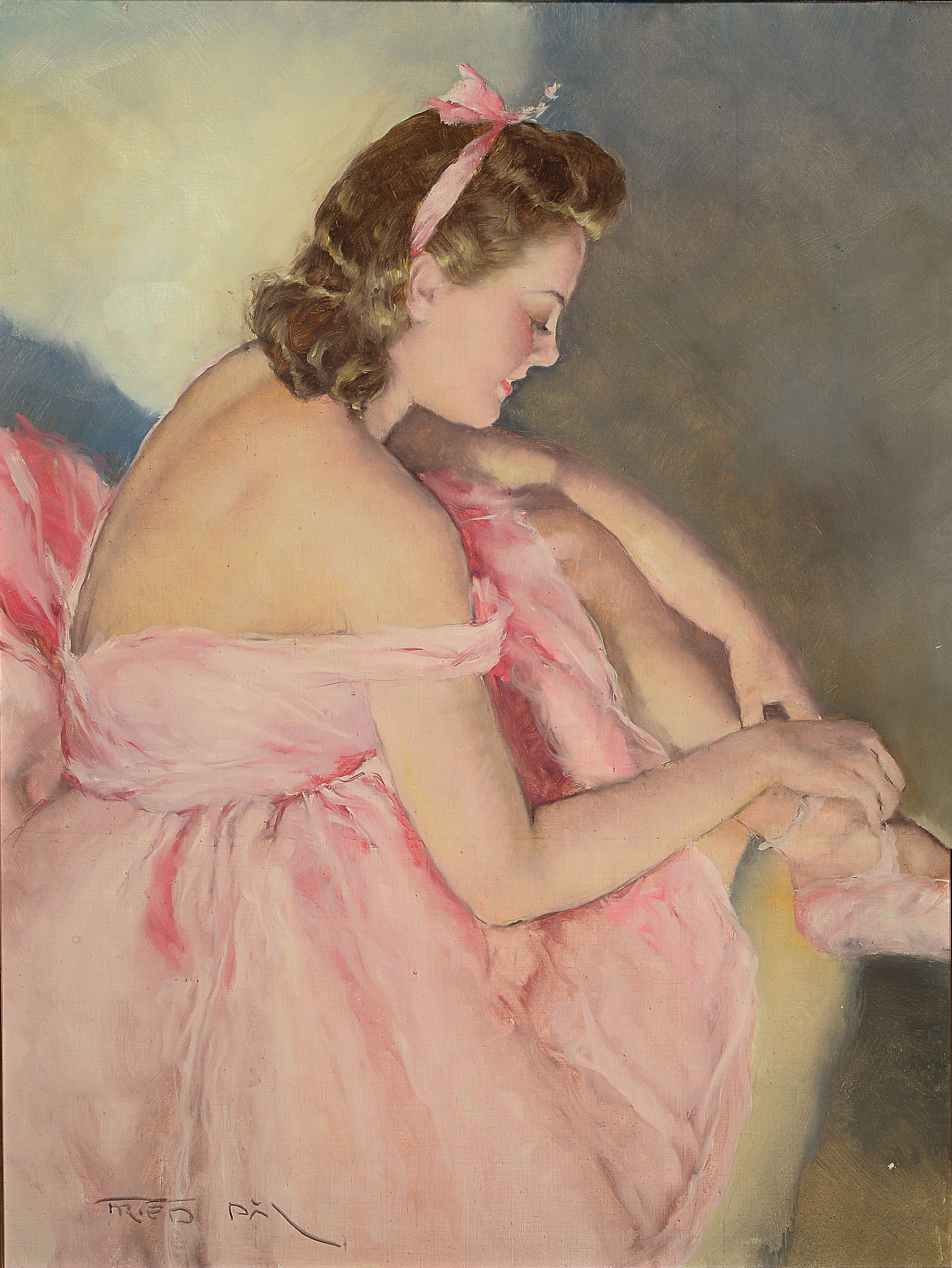 Pál Fried, 1893 Budapest - 1976 New York, Ballerina im rosefarbenen Kleid, beim Anziehen Ihrer Schuhe, Öl/Lwd, li. u. signiert, ca. 80 x 60 cm, ...
