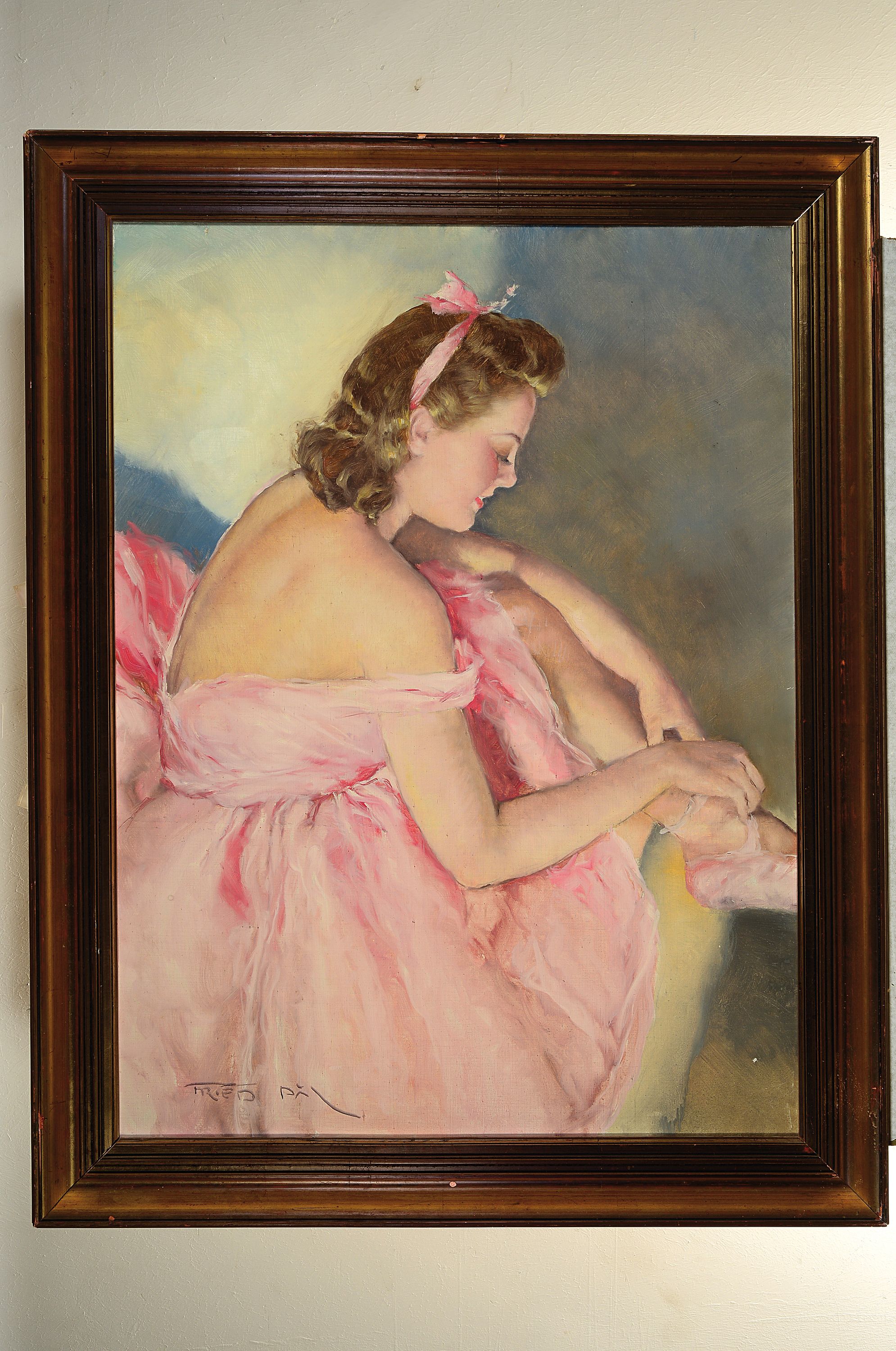 Detail k: Pál Fried, 1893 Budapest - 1976 New York, Ballerina im rosefarbenen Kleid, beim Anziehen Ihrer Schuhe, Öl/Lwd, li. u. signiert, ca. 80 x 60 cm, ...