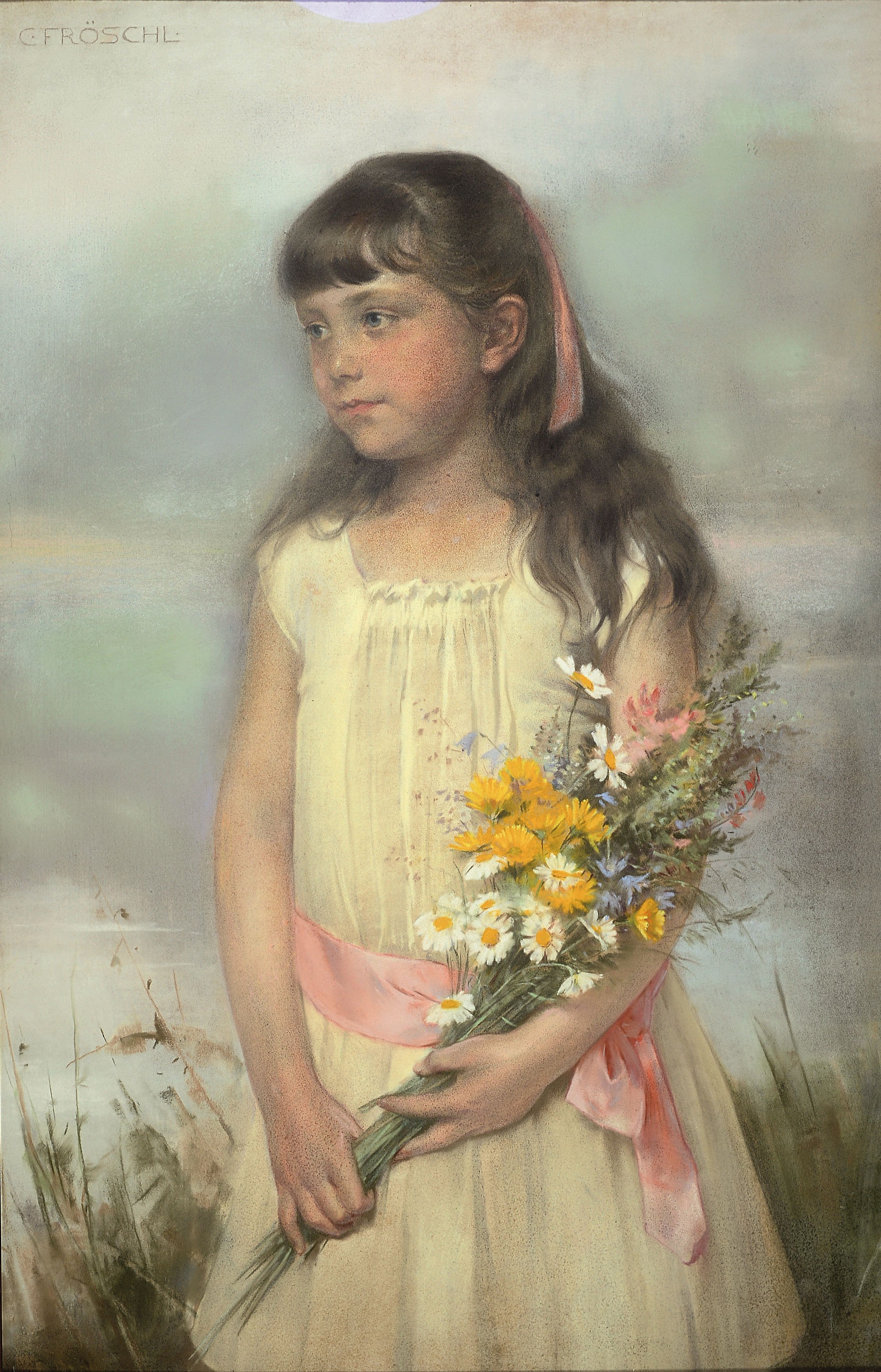 Carl Fröschl, 1848 - 1934, Dreiviertelporträt eines Mädchens mit Sommerblumenstrauß im weißen Kleid, li. oben signiert, ca. 87 x 55 cm, unter ...