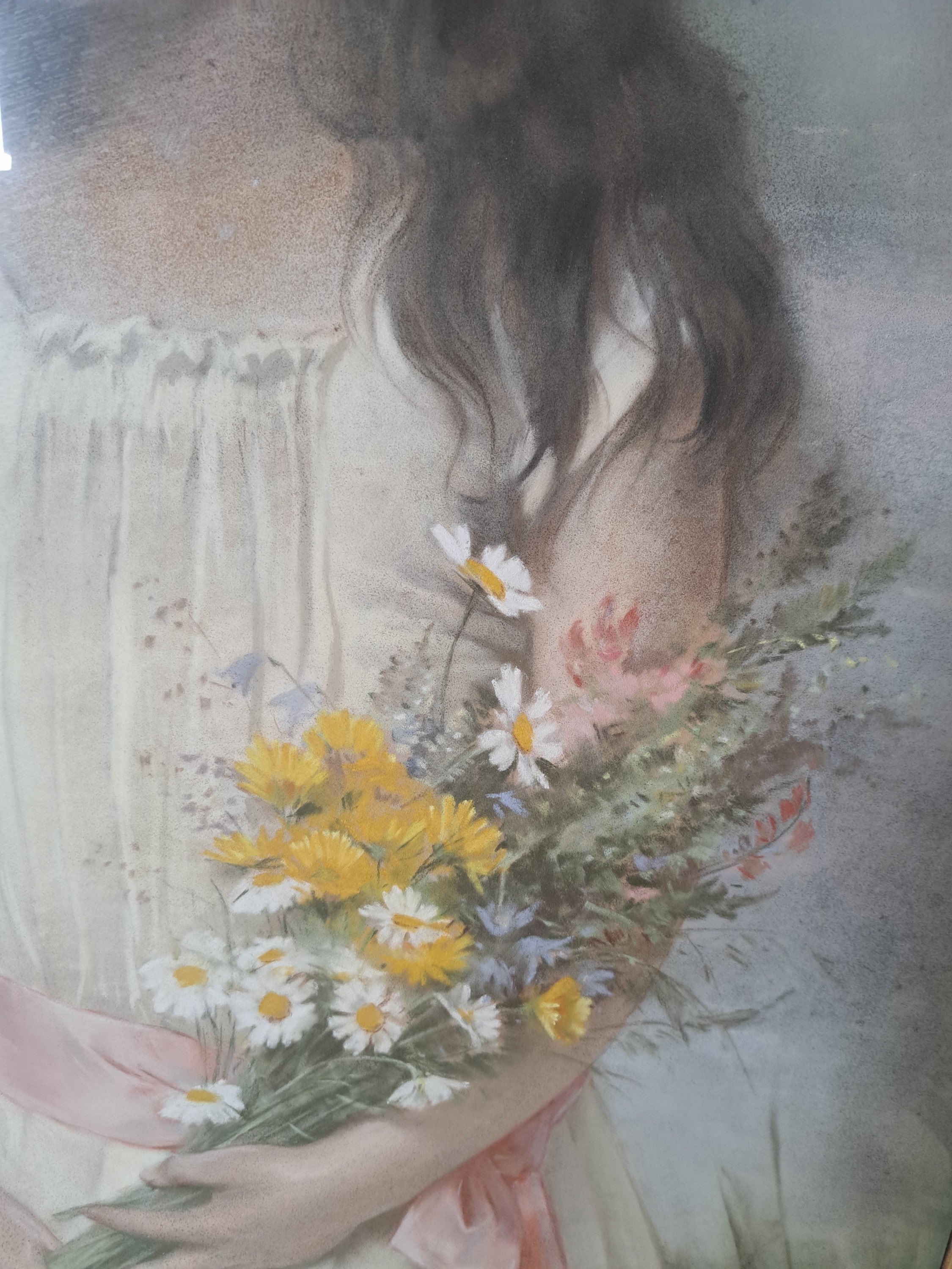 Detail c: Carl Fröschl, 1848 - 1934, Dreiviertelporträt eines Mädchens mit Sommerblumenstrauß im weißen Kleid, li. oben signiert, ca. 87 x 55 cm, unter ...