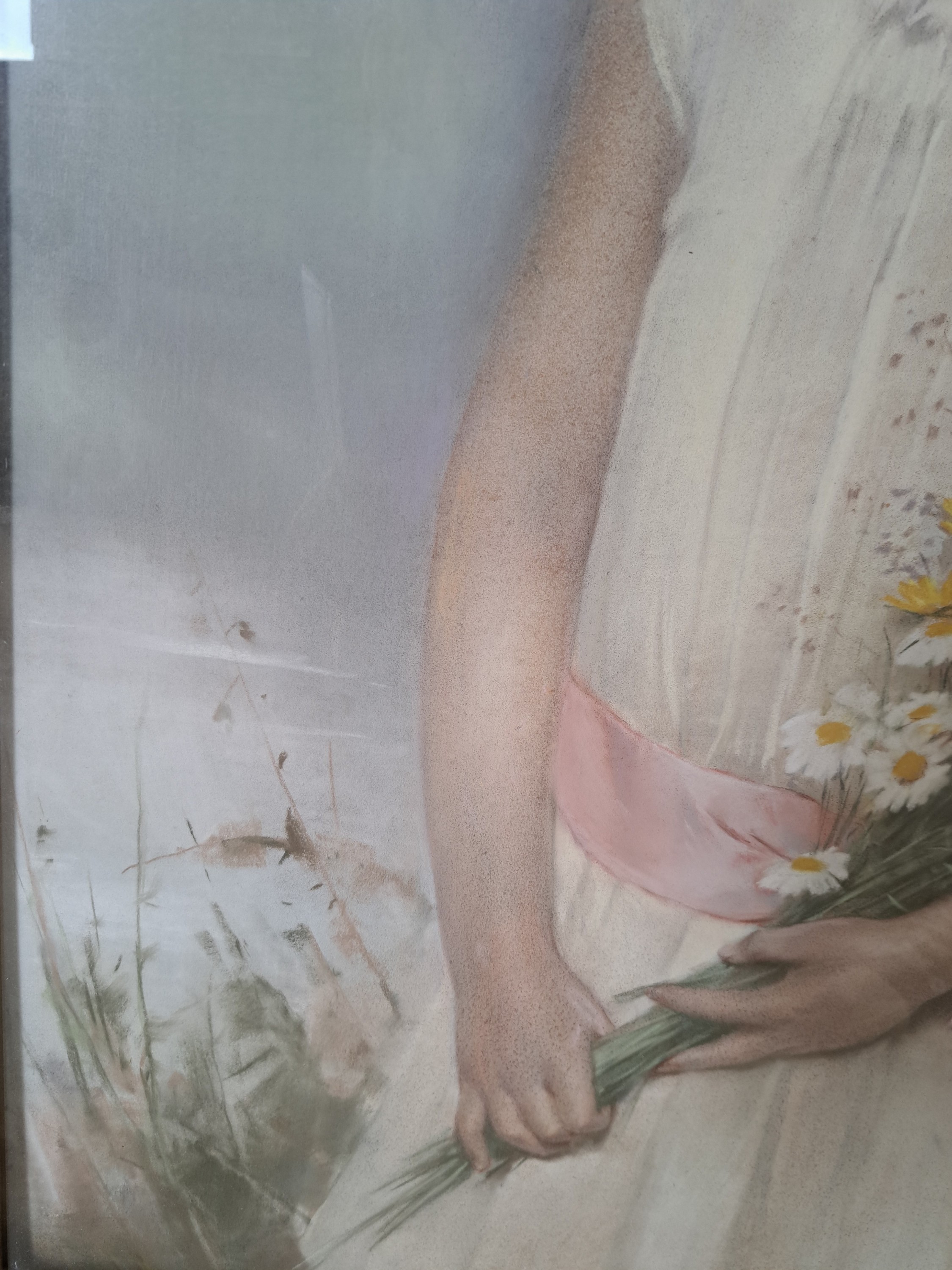 Detail d: Carl Fröschl, 1848 - 1934, Dreiviertelporträt eines Mädchens mit Sommerblumenstrauß im weißen Kleid, li. oben signiert, ca. 87 x 55 cm, unter ...