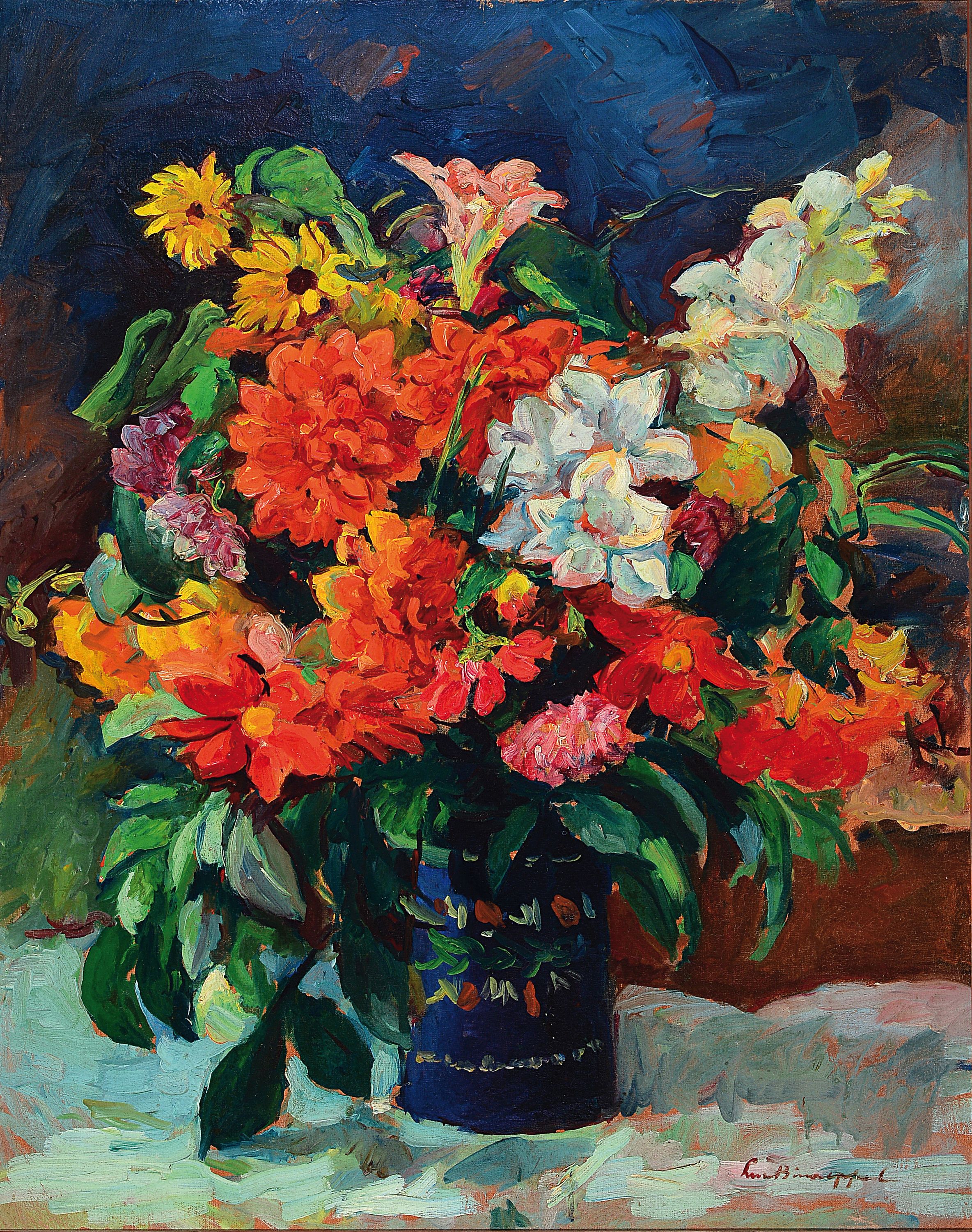Lucien Binaepfel, 1893 - 1972, üppiges Blumenstillleben mit Sommerblumen in blauer Majolikavase, Öl/Lwd, signiert, 90 x 70 cm, Rahmen ca. 106 x 88 ...