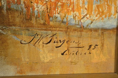 26779402a - Johann Wilhelm Jürgens, 1845-1906, afterglow over a Dutch bank landscape, oil/canvas, signed lower right J.W. Jürgens 95 Lübeck, approx. 47x87cm, frame approx. 62x102cm