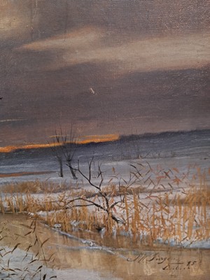 26779402c - Johann Wilhelm Jürgens, 1845-1906, afterglow over a Dutch bank landscape, oil/canvas, signed lower right J.W. Jürgens 95 Lübeck, approx. 47x87cm, frame approx. 62x102cm