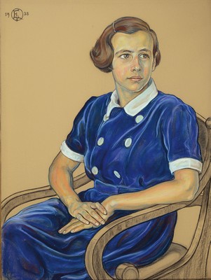 Image 26779406 - Otto Ewel, 1871 Königsberg-1954 Pillnitz, portrait of a young woman in an armchair, pastel on paper, upper left monogr. and dated 1938, approx. 78x58cm, under glass, frame approx. 90x68cm