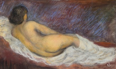 Image 26779410 - Attribution: Karel Spillar, 1871 Pilsen-1939 Prague, pastel drawing, lying female nude on the back with a white cloth, monogrammed K.S. at the bottom right, approx. 36 x 60 cm, framed under glass 50 x 75 cm