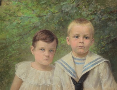 Image 26779411 - Wilhelm Claudius, 1854 Hamburg - 1942, couple of children in front of trees, pastel, left. signed above and dated 1905, minor signs of age, approx. 52 x, 66 cm, under glass, frame approx. 64.5 x 79 cm, frame minor color defects