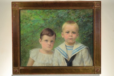 26779411k - Wilhelm Claudius, 1854 Hamburg - 1942, couple of children in front of trees, pastel, left. signed above and dated 1905, minor signs of age, approx. 52 x, 66 cm, under glass, frame approx. 64.5 x 79 cm, frame minor color defects