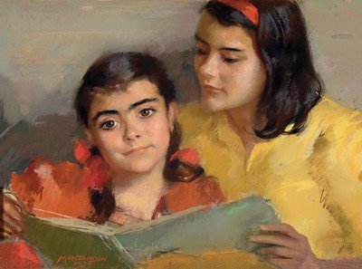 Image 26779412 - Grete Kmentt-Montandon, 1893-1982, siblings reading a book, gouache on paper, signed lowerleft and dated 1939, approx. 50x68cm, under glass, frame approx. 64x82cm