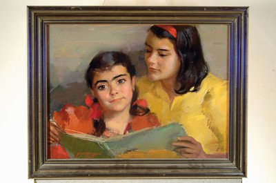 26779412k - Grete Kmentt-Montandon, 1893-1982, siblings reading a book, gouache on paper, signed lowerleft and dated 1939, approx. 50x68cm, under glass, frame approx. 64x82cm
