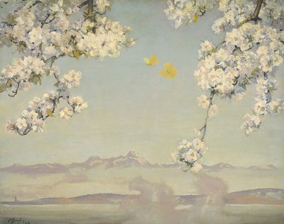 Image 26779422 - Oskar Graf, 1873 Freiburg in Breisgau-1958 Boll, hazy landscape with view of the Alps, inthe foreground cherry blossom branches, oil/canvas, signed lower left and dat. 43. approx. 73 x 91 cm, 80 x 100 cm