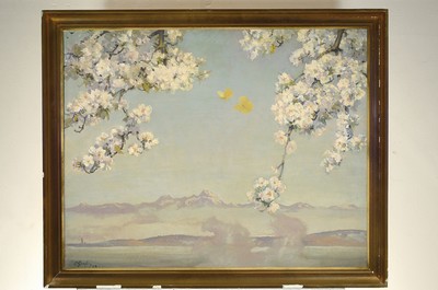 26779422k - Oskar Graf, 1873 Freiburg in Breisgau-1958 Boll, hazy landscape with view of the Alps, inthe foreground cherry blossom branches, oil/canvas, signed lower left and dat. 43. approx. 73 x 91 cm, 80 x 100 cm