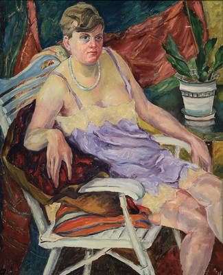 Image 26779453 - Monogramist MP, German, 1930s/40s, portrait ofa woman in a garden chair, oil/canvas, lower left monogr., approx. 87x72cm, frame approx. 100x 83cm