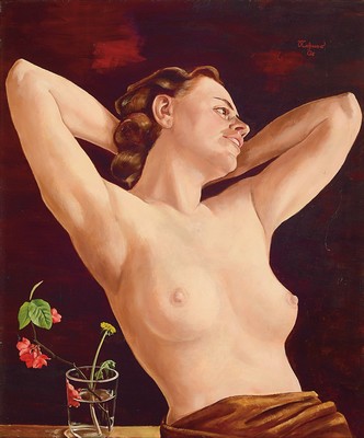 Image 26779474 - Rudolf Nehmer, Bobersberg 1912 - 1983 Dresden, female nude with flowers, oil/painting board, right. o. signed, verso inscribed on frame #" Study, 1940, Rudolf Nehmer#", approx. 64 x 53 cm, frame approx. 83x72cm