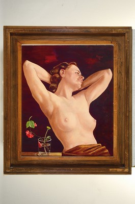 26779474k - Rudolf Nehmer, Bobersberg 1912 - 1983 Dresden, female nude with flowers, oil/painting board, right. o. signed, verso inscribed on frame #" Study, 1940, Rudolf Nehmer#", approx. 64 x 53 cm, frame approx. 83x72cm