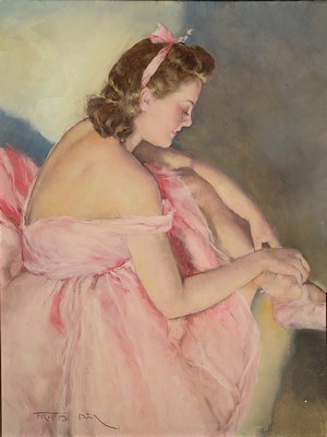 Image 26779487 - Pál Fried, 1893 Budapest - 1976 New York, ballerina in rose-colored dress, putting on her shoes, oil/canvas, signed lower left, approx. 80 x 60 cm, min. missing part, frame, Pal Fried lived in the USA since 1947 and created numerous portraits of Hollywood stars and people from the fine American society
