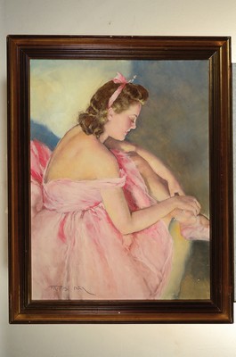 26779487k - Pál Fried, 1893 Budapest - 1976 New York, ballerina in rose-colored dress, putting on her shoes, oil/canvas, signed lower left, approx. 80 x 60 cm, min. missing part, frame, Pal Fried lived in the USA since 1947 and created numerous portraits of Hollywood stars and people from the fine American society