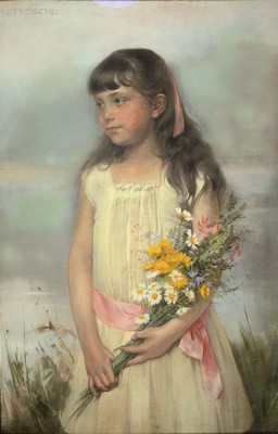Image 26779489 - Karl Fröschl, 1848 - 1934, three-quarter portrait of a girl with a bouquet of summer flowers in a white dress, left. signed above, approx. 87 x 55 cm, under glass, frame approx. 100x66cm