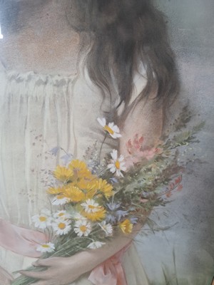 26779489c - Karl Fröschl, 1848 - 1934, three-quarter portrait of a girl with a bouquet of summer flowers in a white dress, left. signed above, approx. 87 x 55 cm, under glass, frame approx. 100x66cm