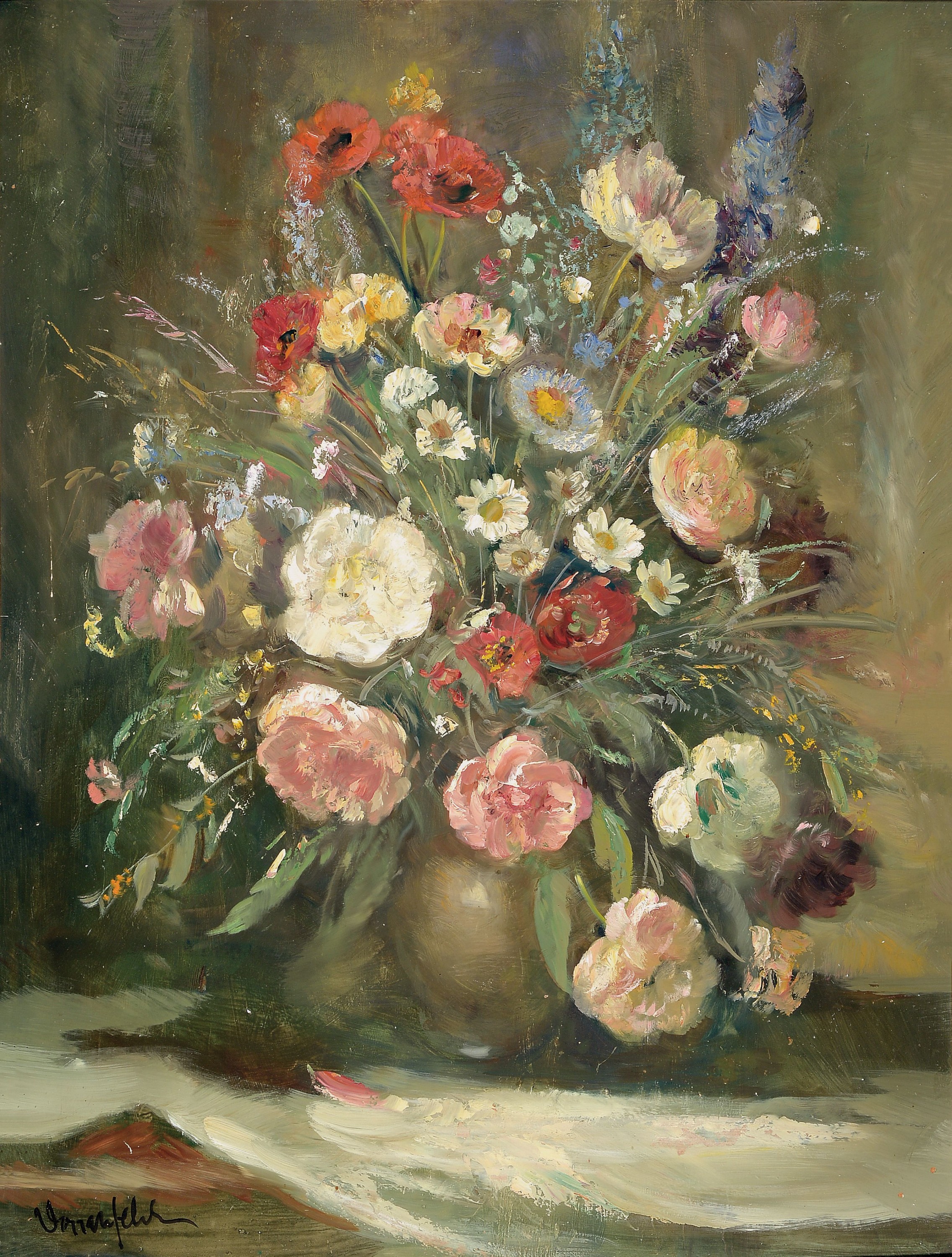 Dorrenfeld, unleserlich signiert, großformatives Blumenstillleben, Öl/Platte, signiert, ca. 100 x 76 cm, Rahmen ca. 120 x 94 cm