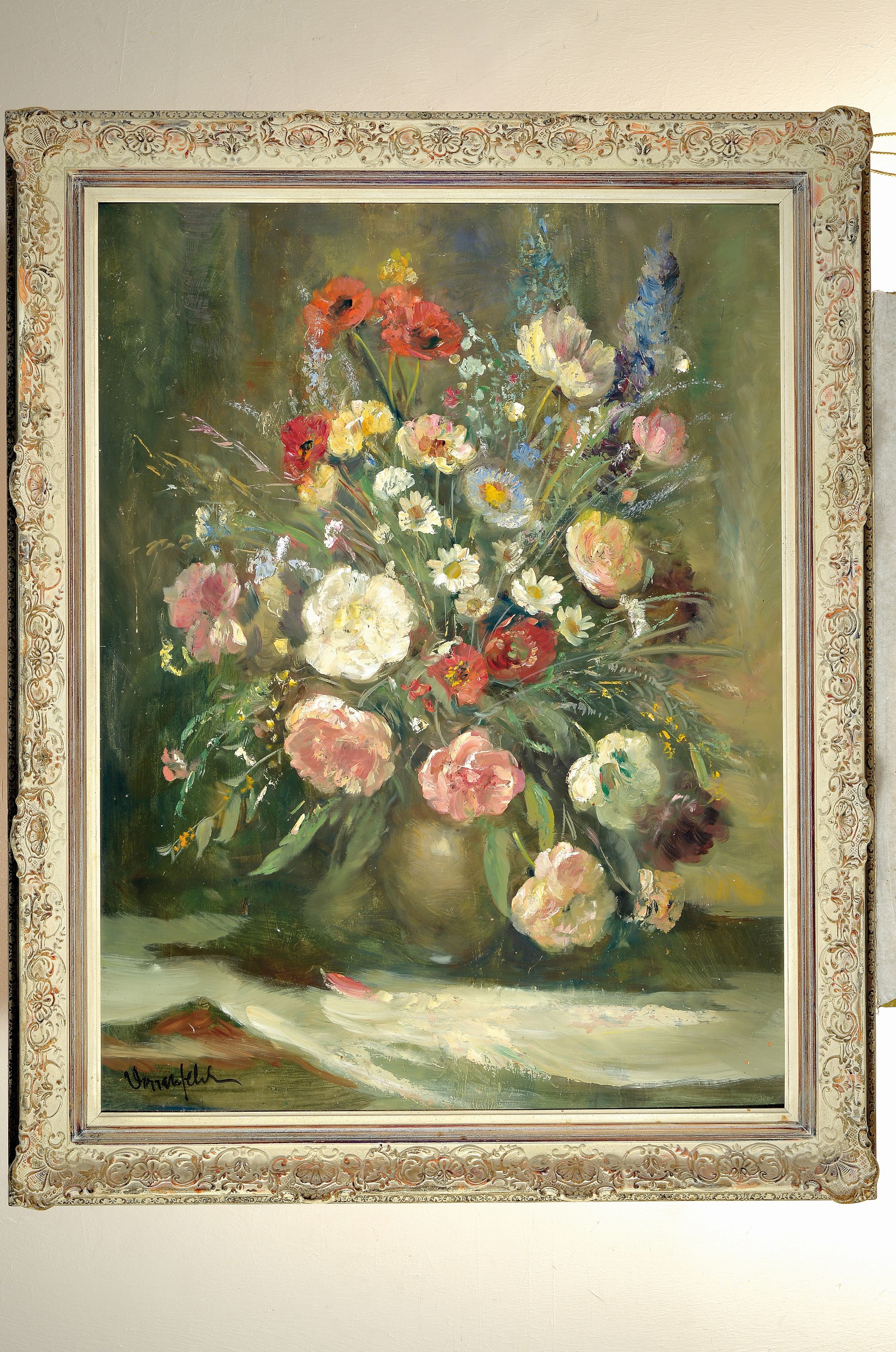 Detail k: Dorrenfeld, unleserlich signiert, großformatives Blumenstillleben, Öl/Platte, signiert, ca. 100 x 76 cm, Rahmen ca. 120 x 94 cm