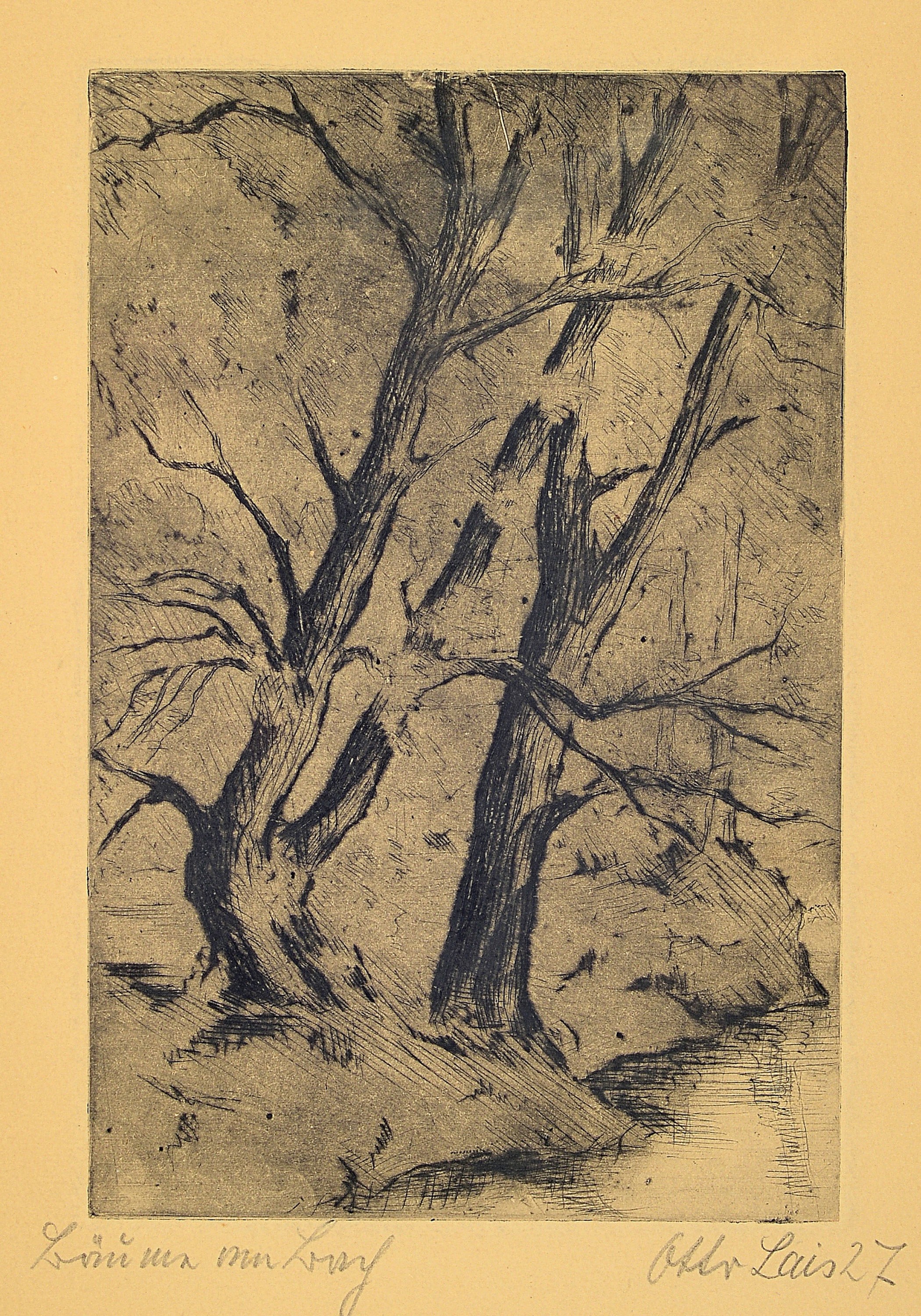 Otto Lais, drei Radierungen, "Vagabunden", "Glückauff 1928" und Bäume, alle drei handsigniert und bezeichnet, dat.25 und 27, ...