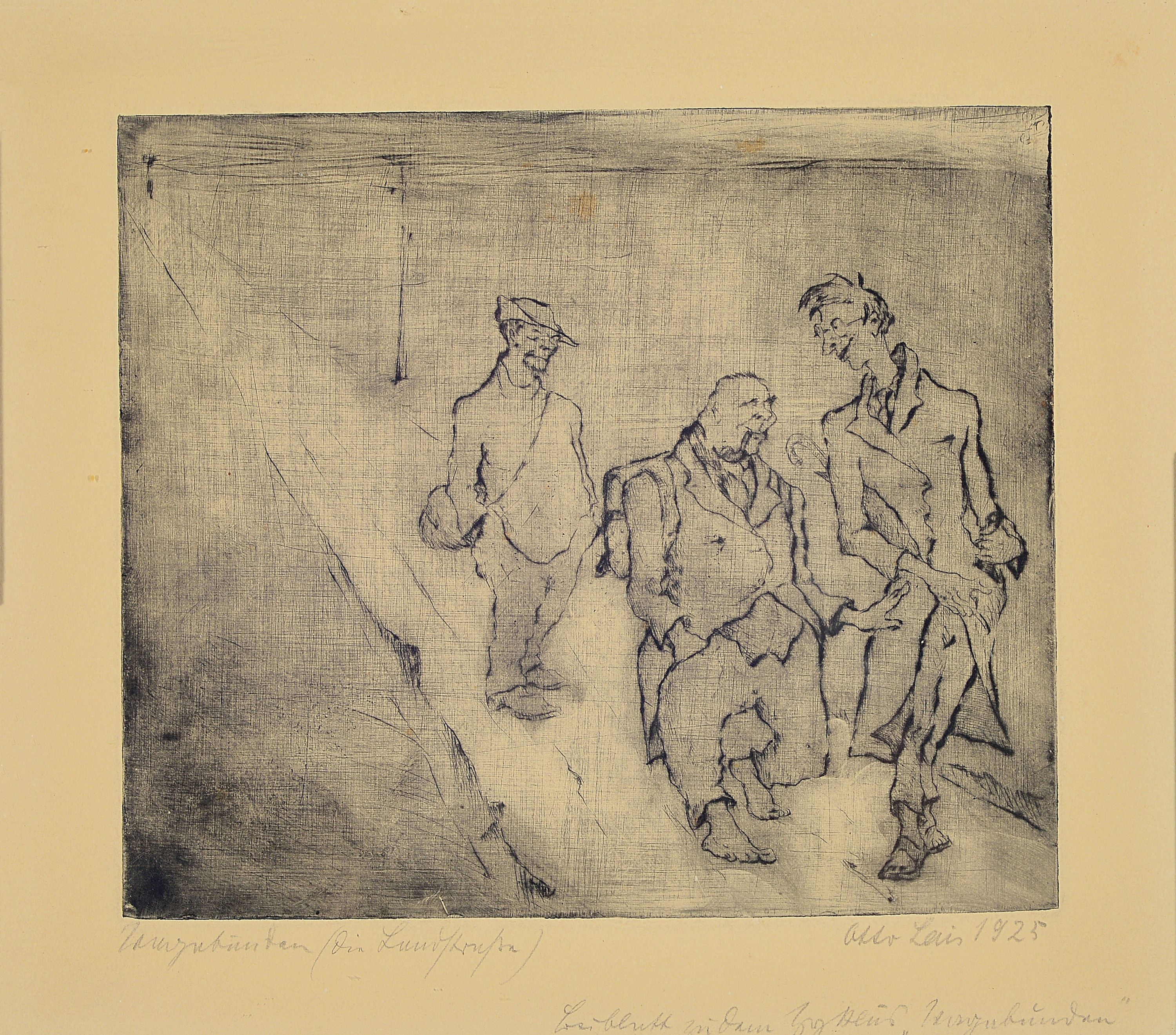 Detail a: Otto Lais, drei Radierungen, "Vagabunden", "Glückauff 1928" und Bäume, alle drei handsigniert und bezeichnet, dat.25 und 27, ...