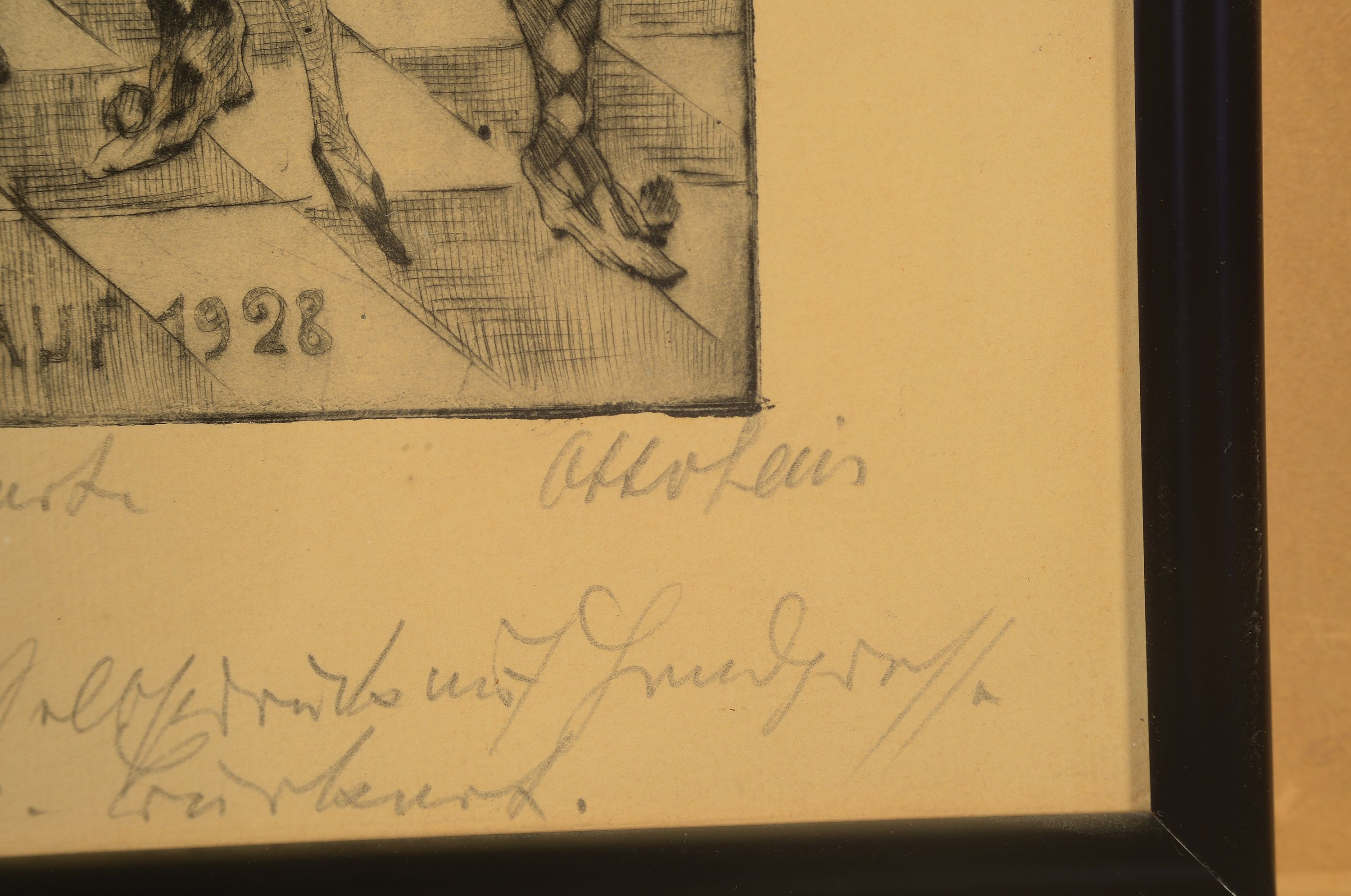 Detail b: Otto Lais, drei Radierungen, "Vagabunden", "Glückauff 1928" und Bäume, alle drei handsigniert und bezeichnet, dat.25 und 27, ...