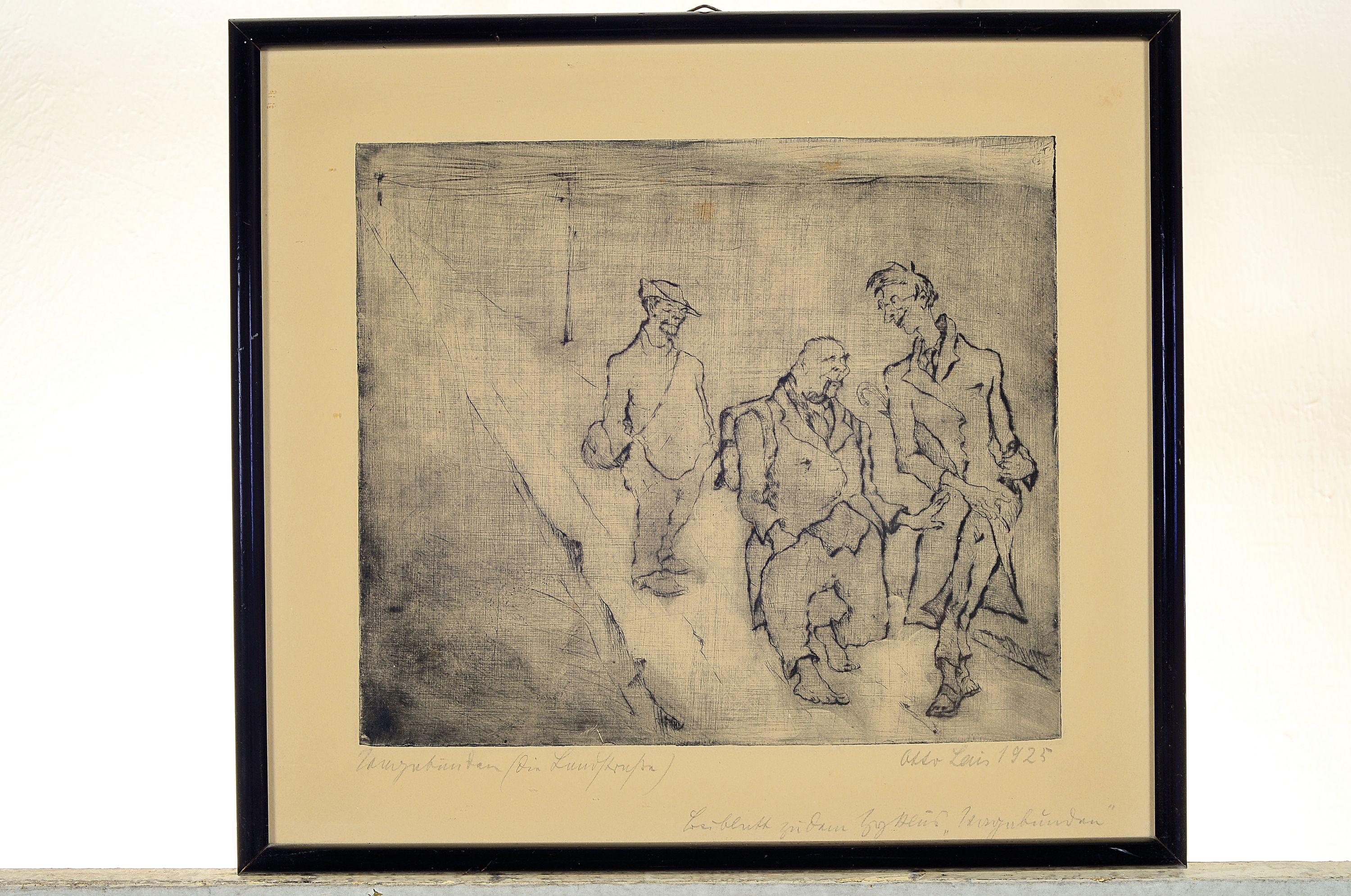 Detail l: Otto Lais, drei Radierungen, "Vagabunden", "Glückauff 1928" und Bäume, alle drei handsigniert und bezeichnet, dat.25 und 27, ...
