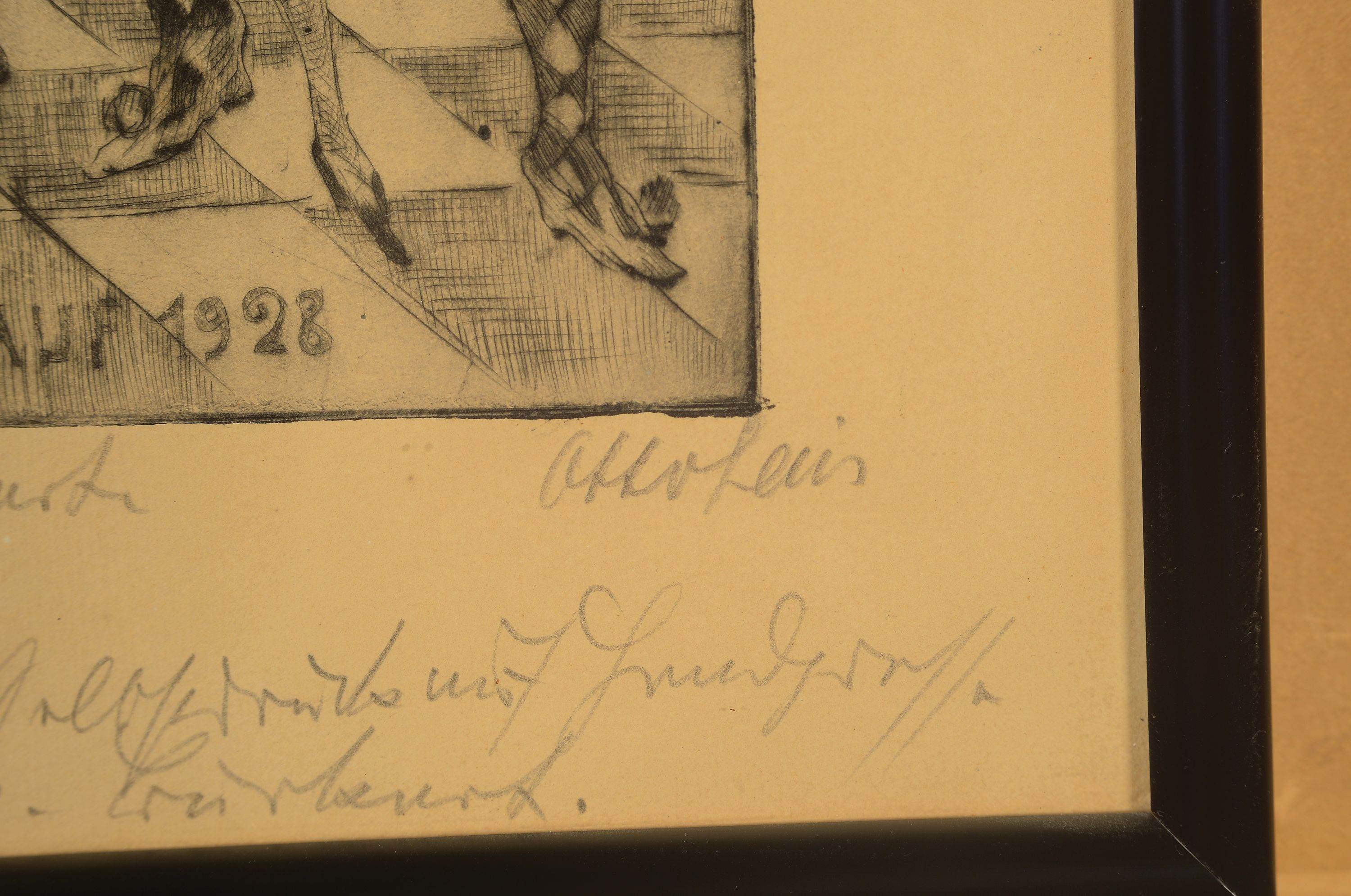 Detail n: Otto Lais, drei Radierungen, "Vagabunden", "Glückauff 1928" und Bäume, alle drei handsigniert und bezeichnet, dat.25 und 27, ...