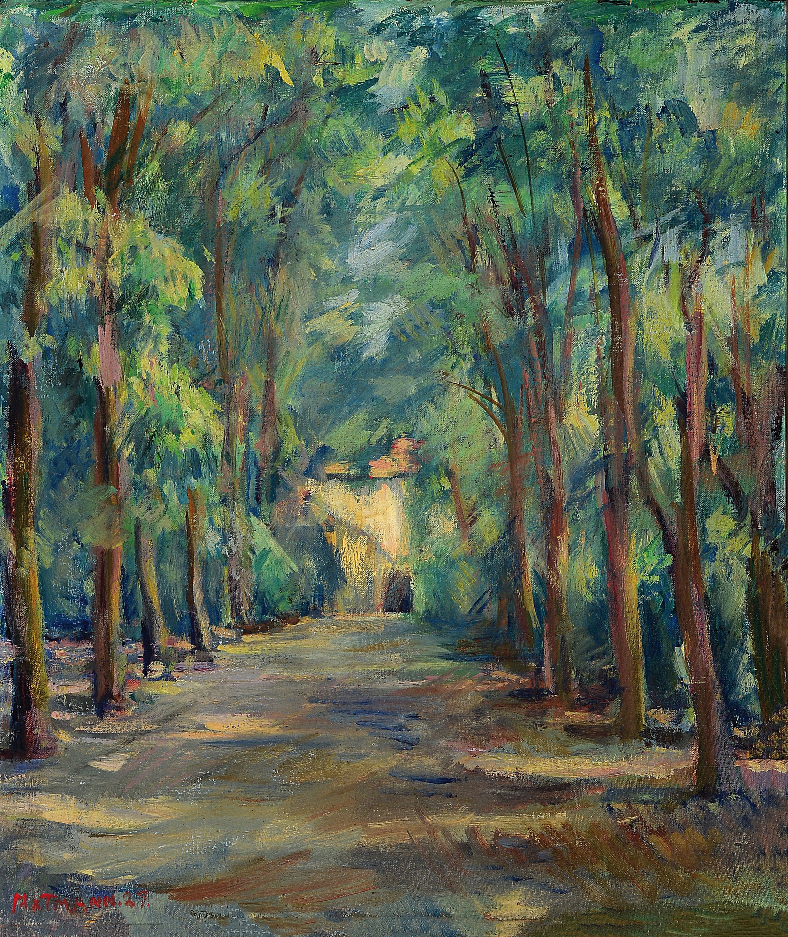 Hartmann, unleserlich signiert, Allee, ÖL/Lwd, li.unten signiert in Rot, 60x 51 cm, Rahmen ca. 74x64 cm, Leinwand an den Bildrändern beschädigt