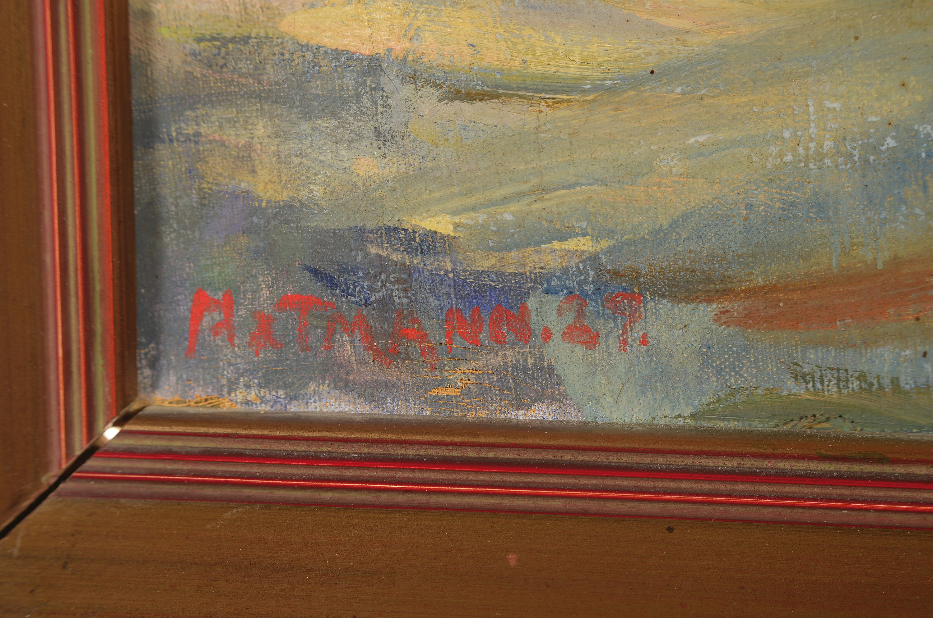 Detail a: Hartmann, unleserlich signiert, Allee, ÖL/Lwd, li.unten signiert in Rot, 60x 51 cm, Rahmen ca. 74x64 cm, Leinwand an den Bildrändern beschädigt