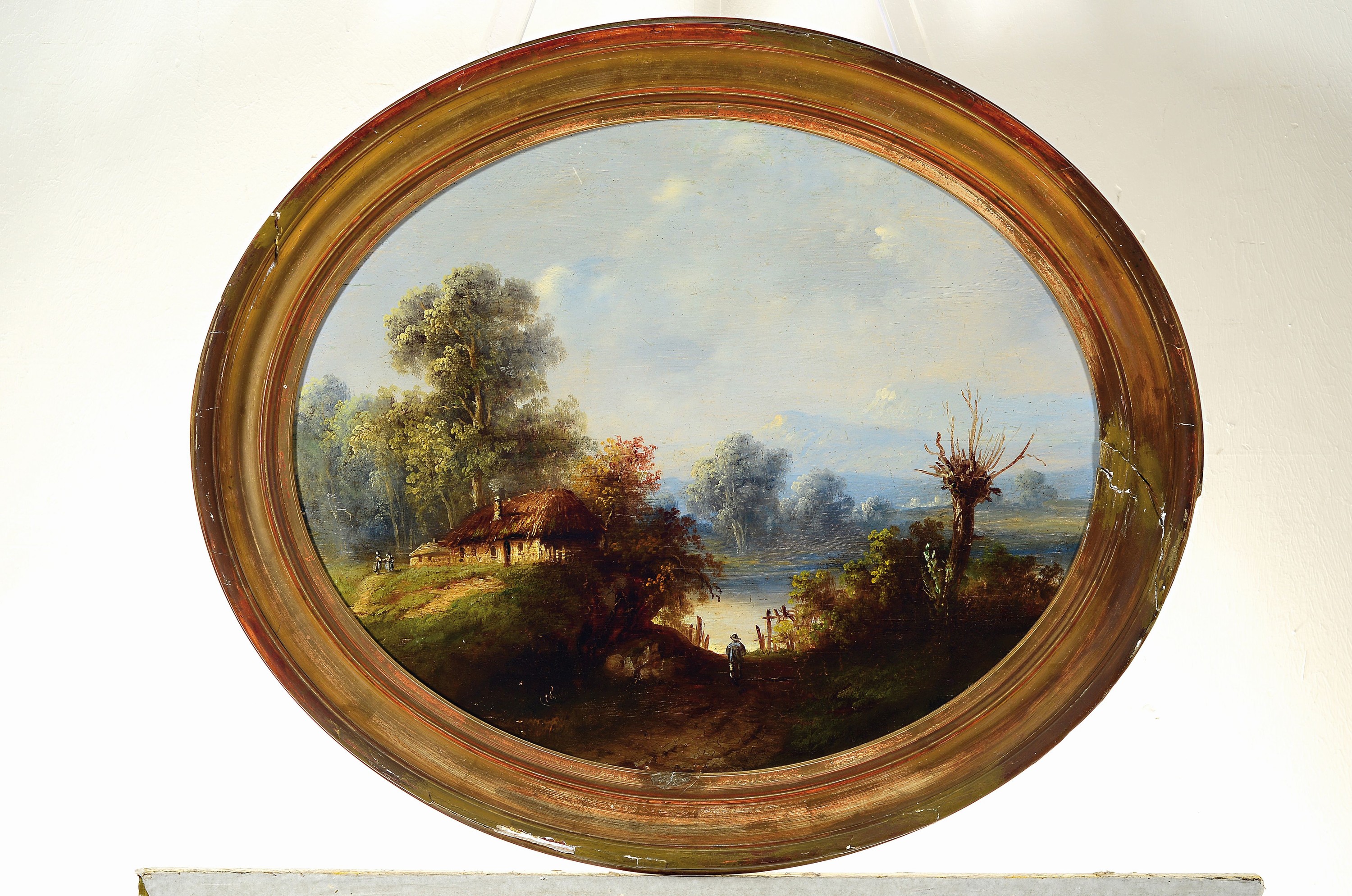 Unleserlich signiert, Spätromantiker, 2. Hälfte 19 Jh., bäuerliche Landschaft mit Hütte und Personen, oval, Öl/Holz, krakeliert,l. Altersspuren, ...