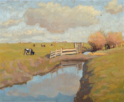 Image 26779518 - Ilse Tesdorpf-Edens, 1892-1966 Hamburg, wide landscape with grazing cows, oil/wood, signed lower left, approx. 62x77cm, frame approx. 79x93cm